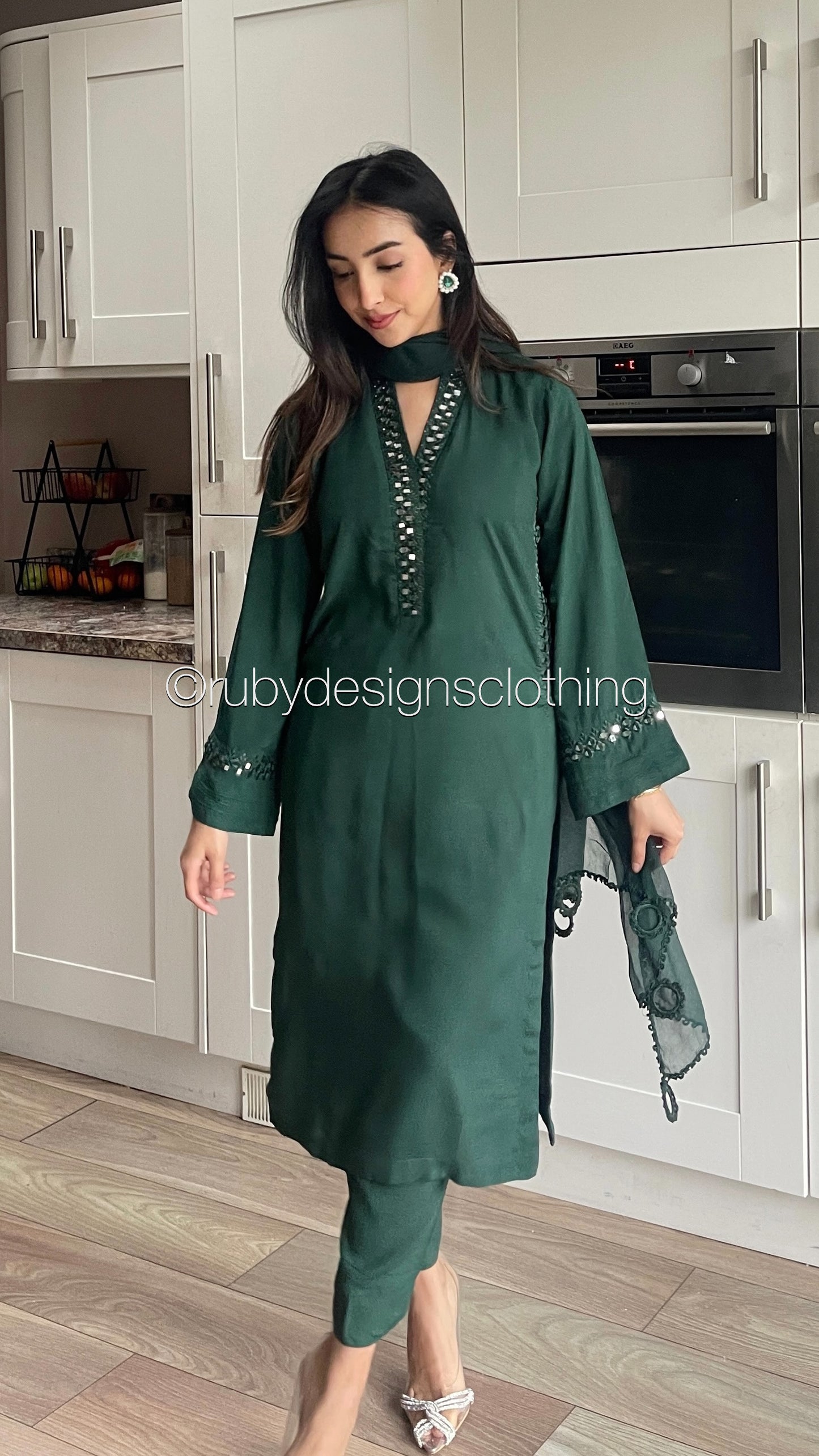 TARA Green - 3 Piece Linen Suit with Mirror Work (8234102456533)