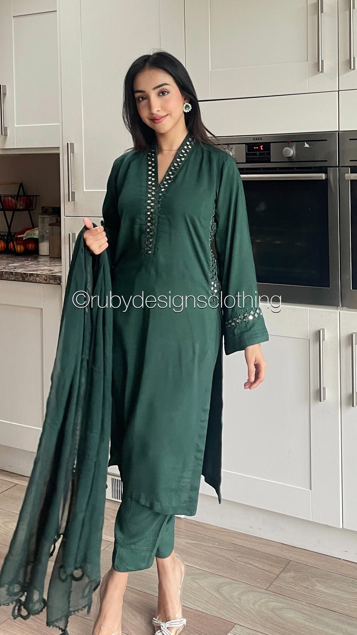 TARA Green - 3 Piece Linen Suit with Mirror Work (8234102456533)