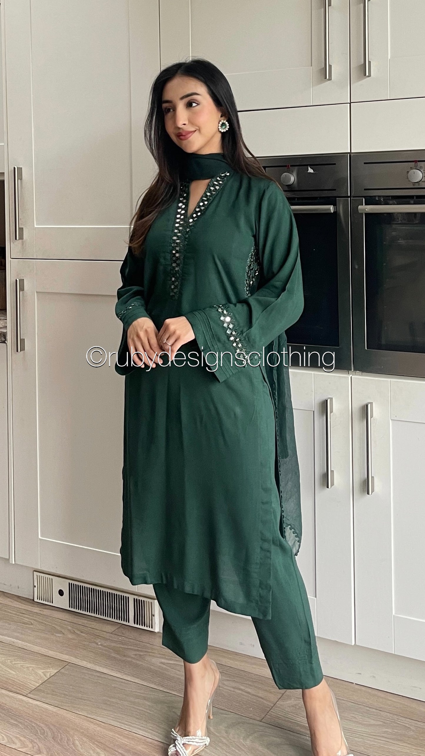 TARA Green - 3 Piece Linen Suit with Mirror Work (8234102456533)