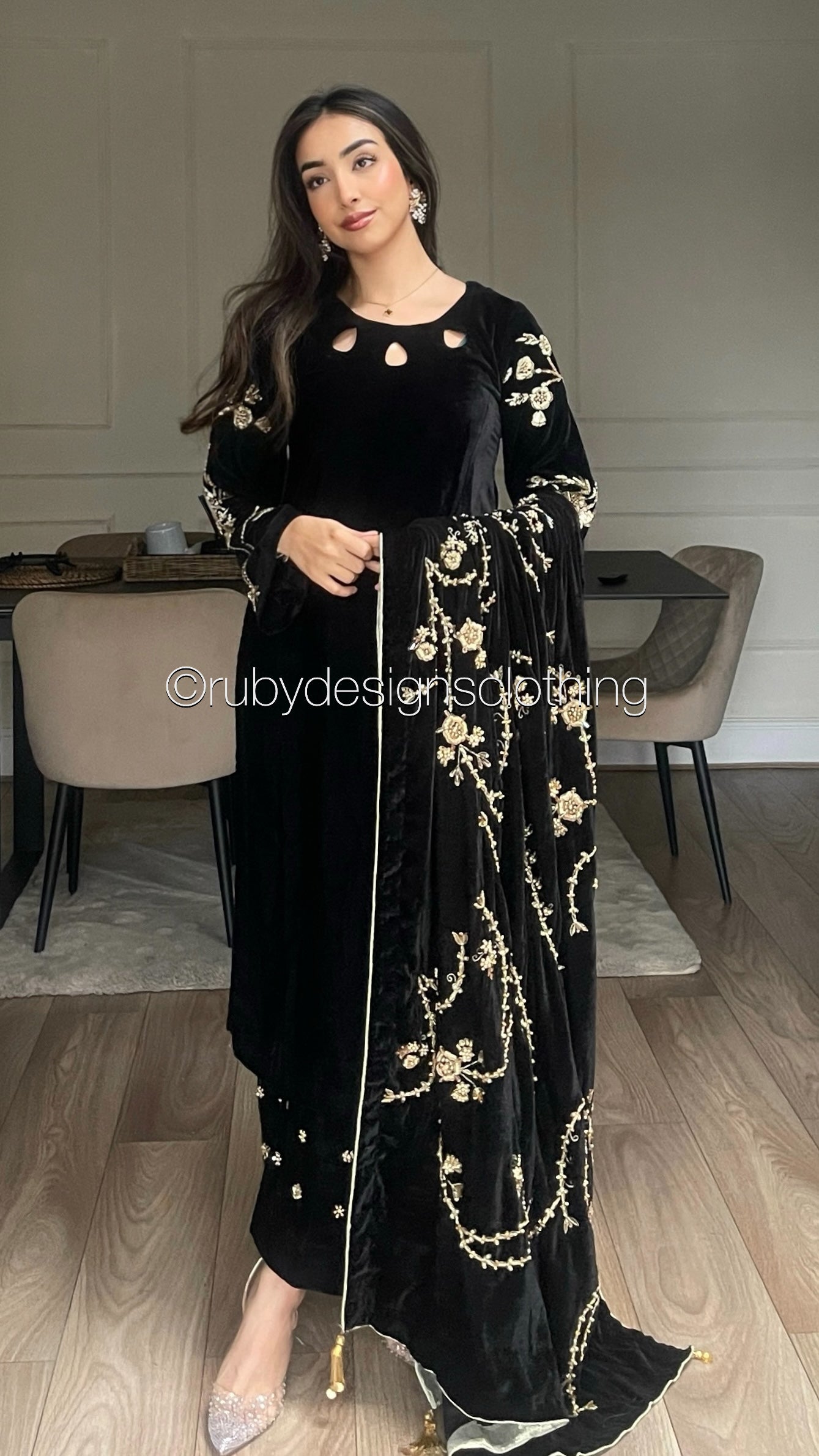 RAISA - 3 Piece Black Luxury Velvet Suit with Heavy Embellished Shawl (8258369192149)