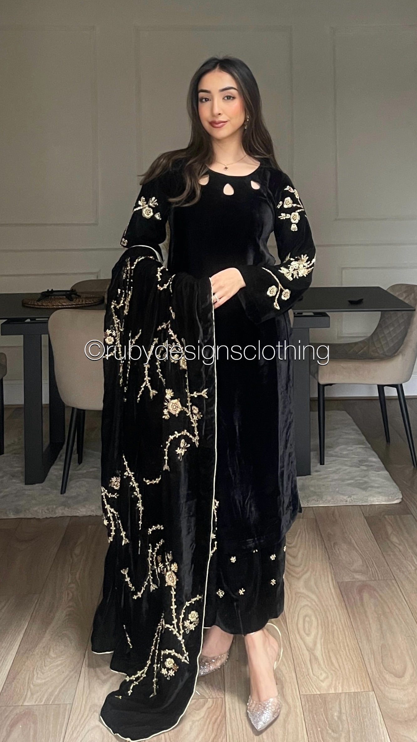 RAISA - 3 Piece Black Luxury Velvet Suit with Heavy Embellished Shawl (8258369192149)