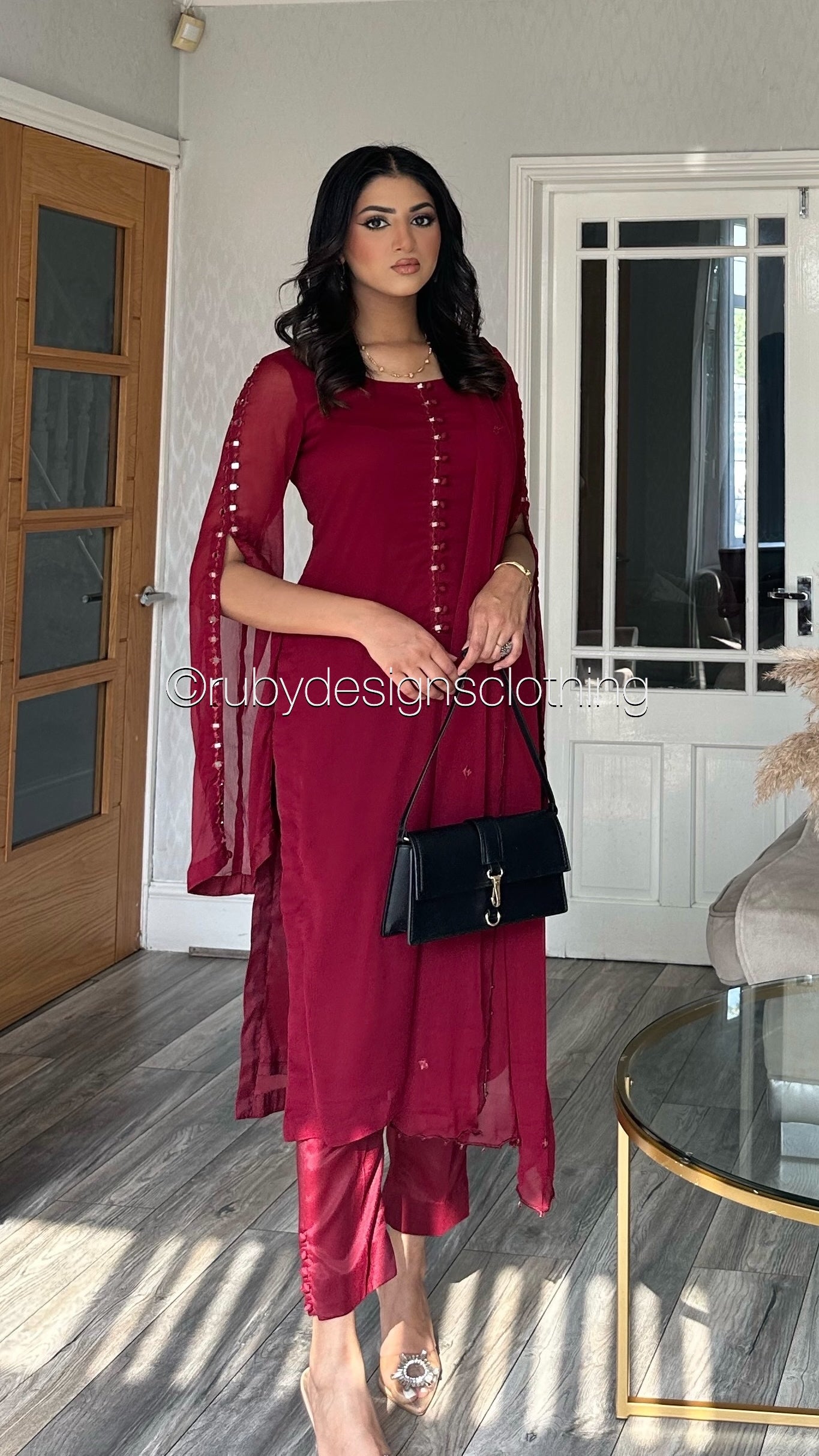 KAYRA Ruby - 3 Piece Ruby Chiffon Suit with Split Sleeve (8151996399829)