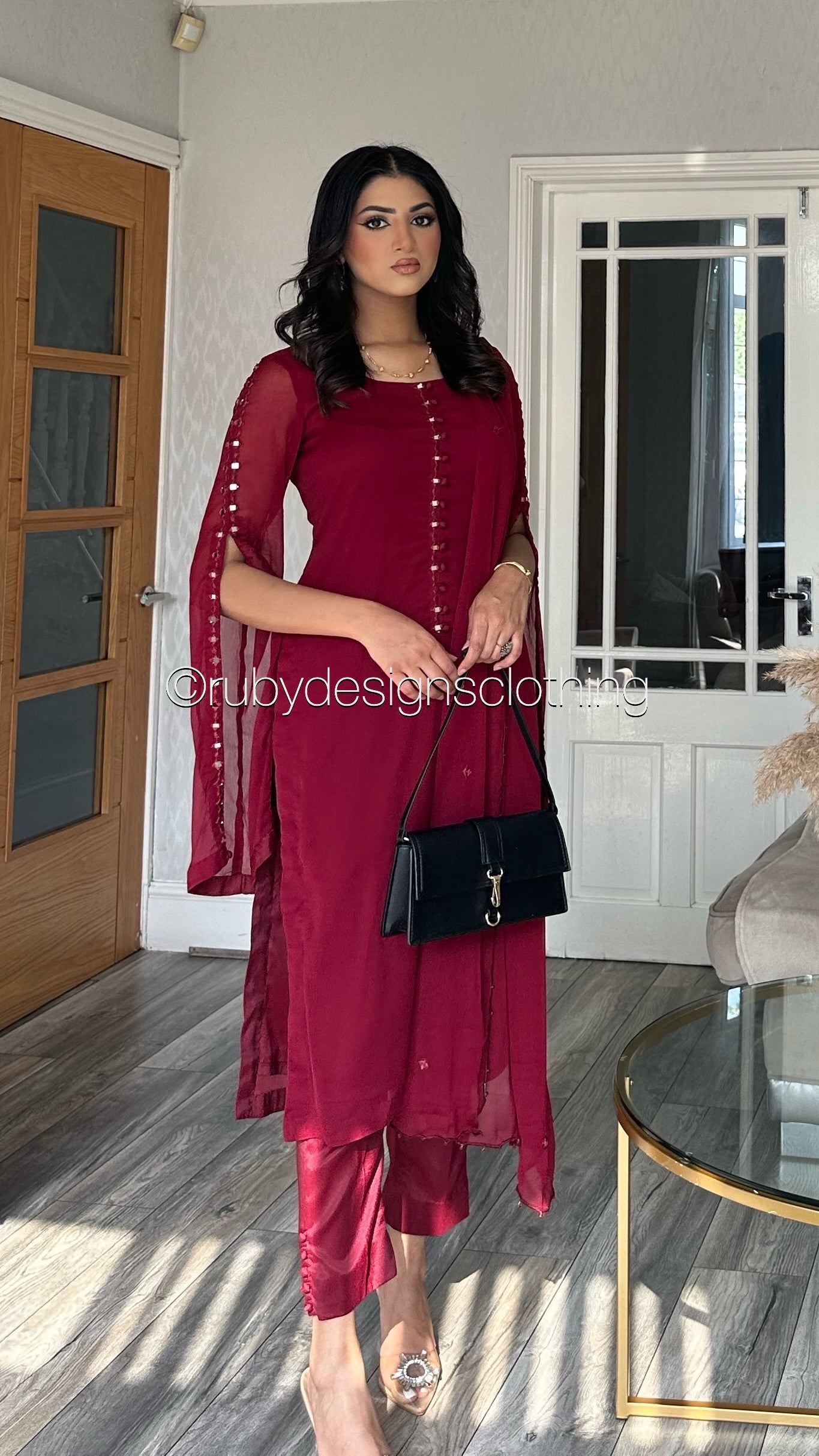 KAYRA Ruby - 3 Piece Ruby Chiffon Suit with Split Sleeve