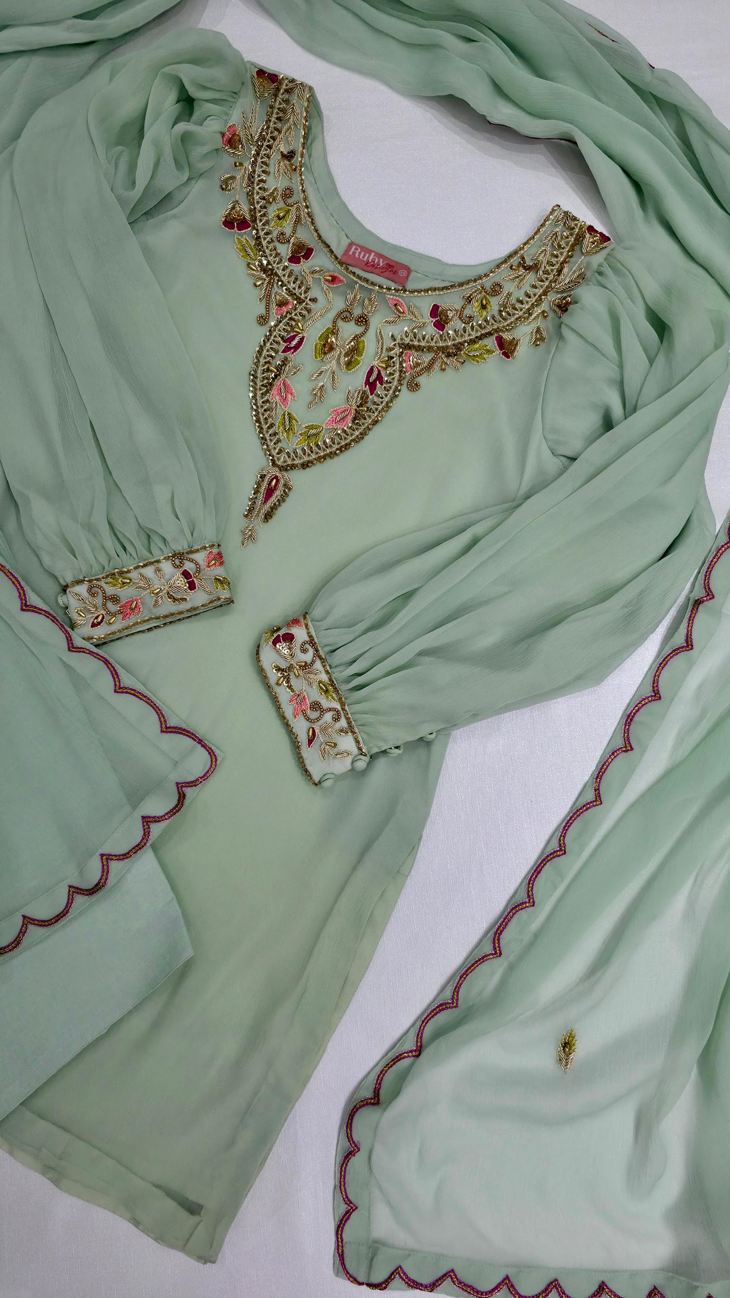 MISSING ITEM (SHALWAR) - SERENE Mint - Luxury 3 Piece Chiffon Suit with Farshi Shalwar