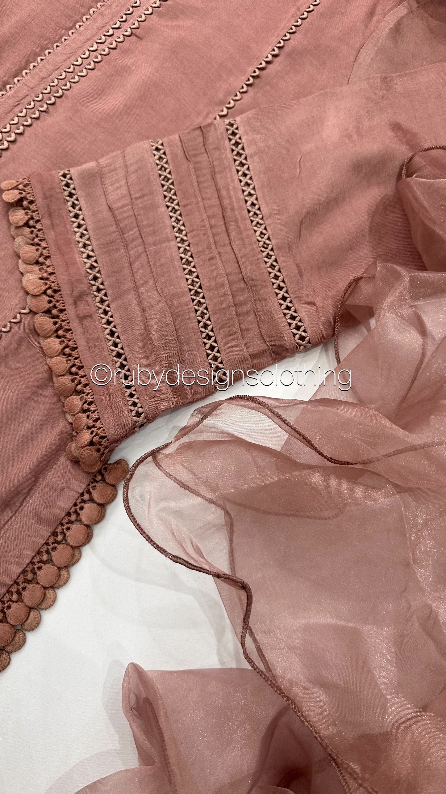 AYLA Rose - 3 Piece Dusty Pink Cotton Silk Suit with Ruffle Organza Dupatta