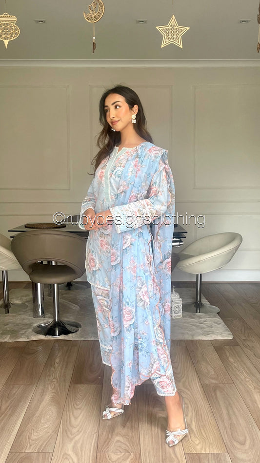 HAWA - 3 Piece Blue Floral Print Swiss Lawn Suit with Chiffon Dupatta (8022979018965)