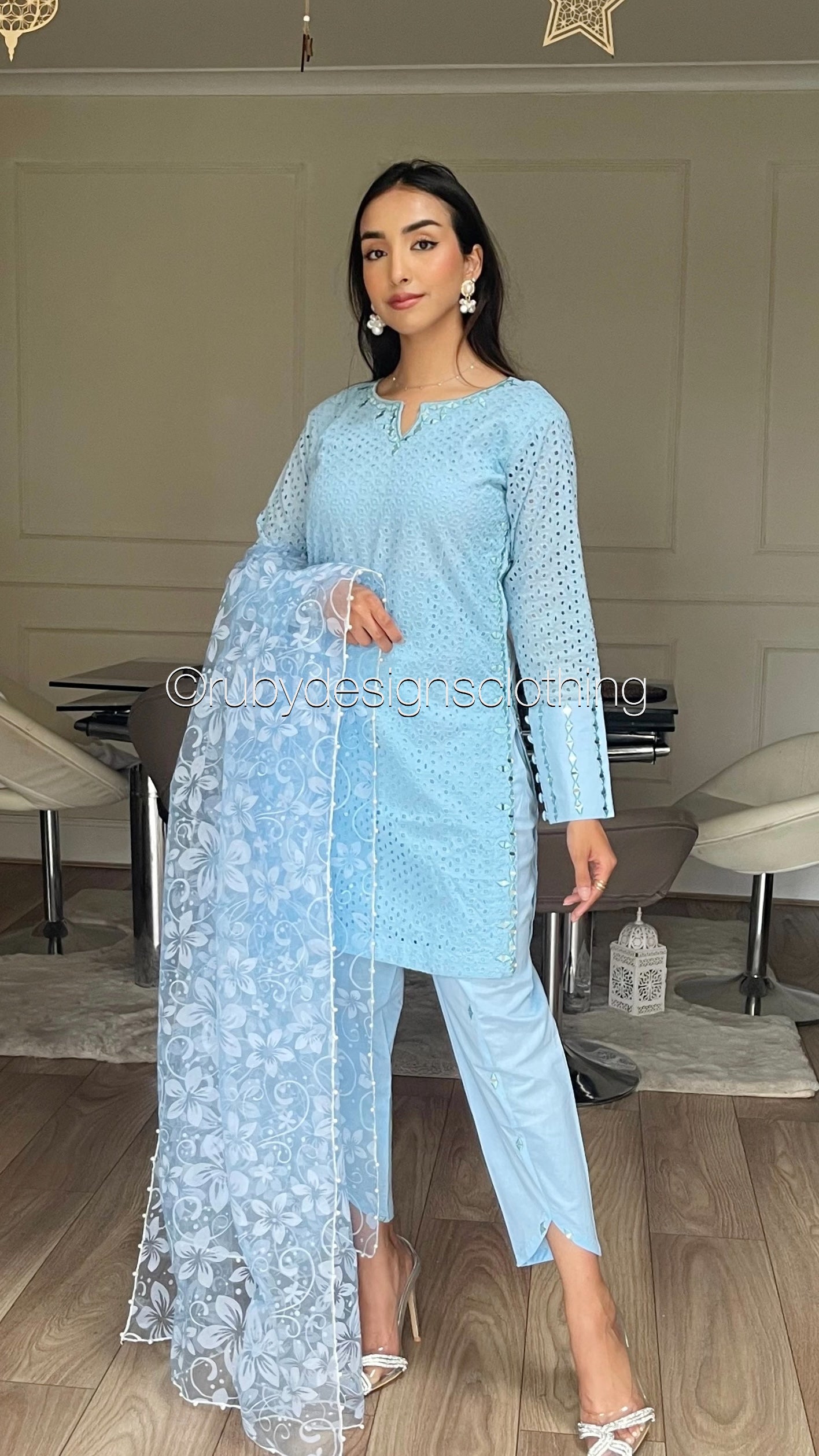 AZRA Blue - 3 Piece Blue Chikankari Suit with Floral Print Organza Dupatta (8066417393877) (8747713331413)