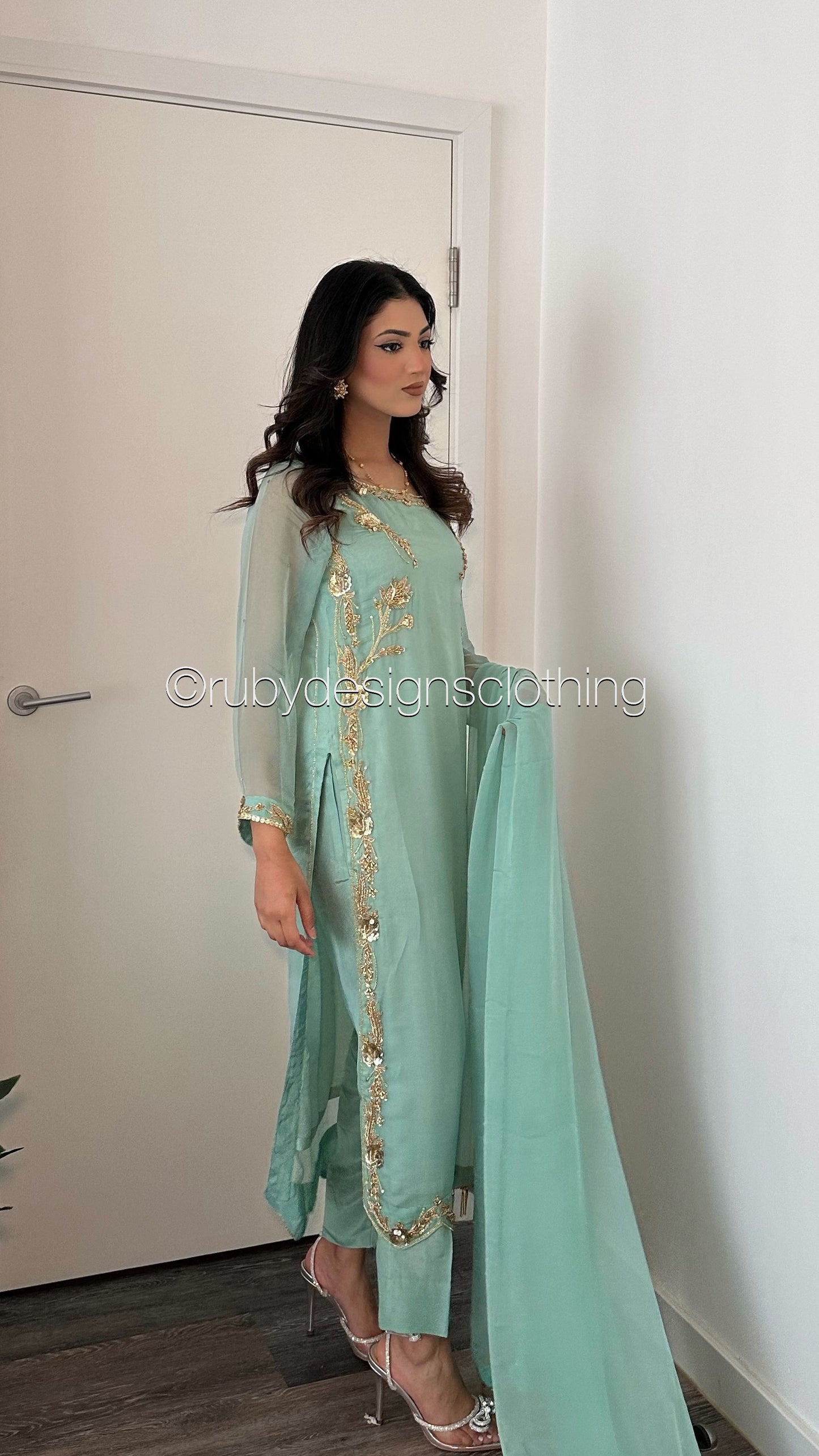 LIMITED EDITION SAMARA Mint - 3 Piece Chiffon Suit with Gold Hand Embellishment (8077672186069)
