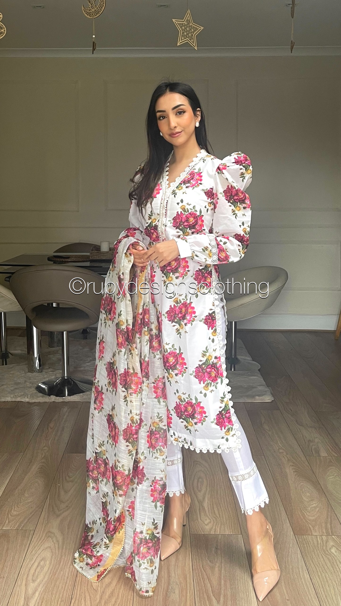 AFSHEEN White - 3 Piece White Floral Print Swiss Lawn Suit with Organza Dupatta (8034682896597)