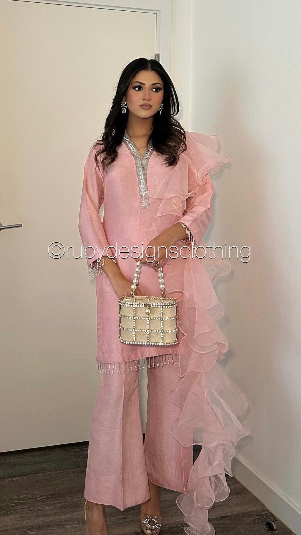 SABEEN Rose - 3 Piece Rose Pink Raw Silk Suit with Ruffle Dupatta (8059725611221)