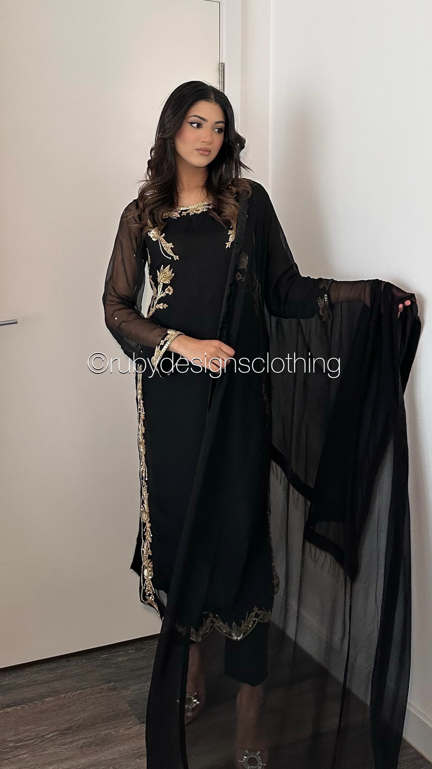 LIMITED EDITION SAMARA Black - 3 Piece Chiffon Suit with Gold Hand Embellishment (8077673693397)