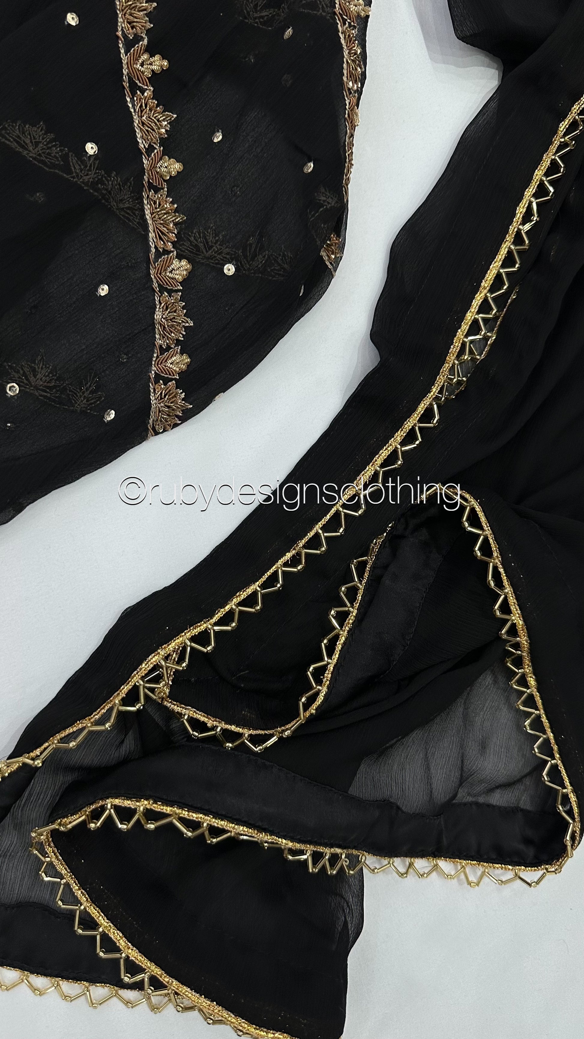 IRHA Black - 3 Piece Chiffon Suit with Gold Handwork (8068330979541)