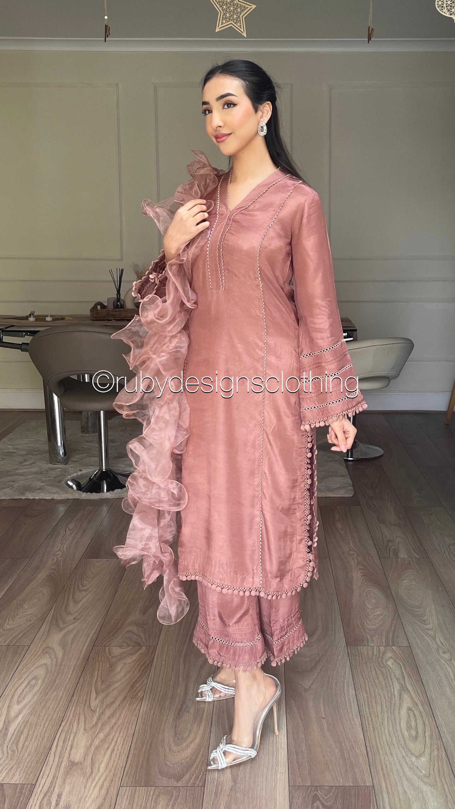 AYLA Rose - 3 Piece Dusty Pink Cotton Silk Suit with Ruffle Organza Dupatta