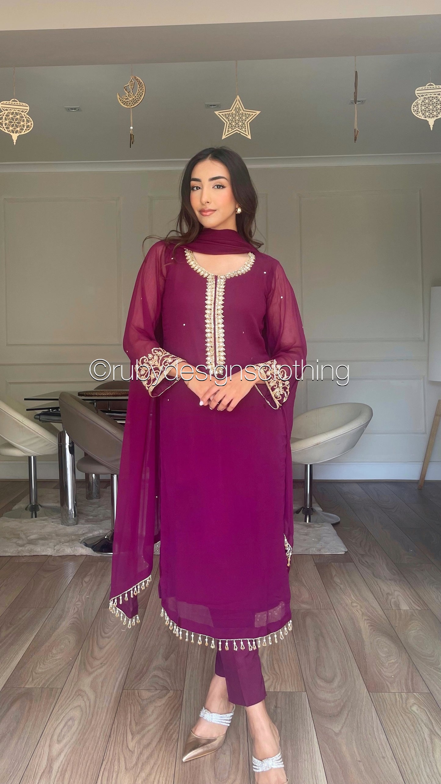 SOFIA Plum - 3 Piece Plum Chiffon Suit with Gold Handwork (8053043691733)