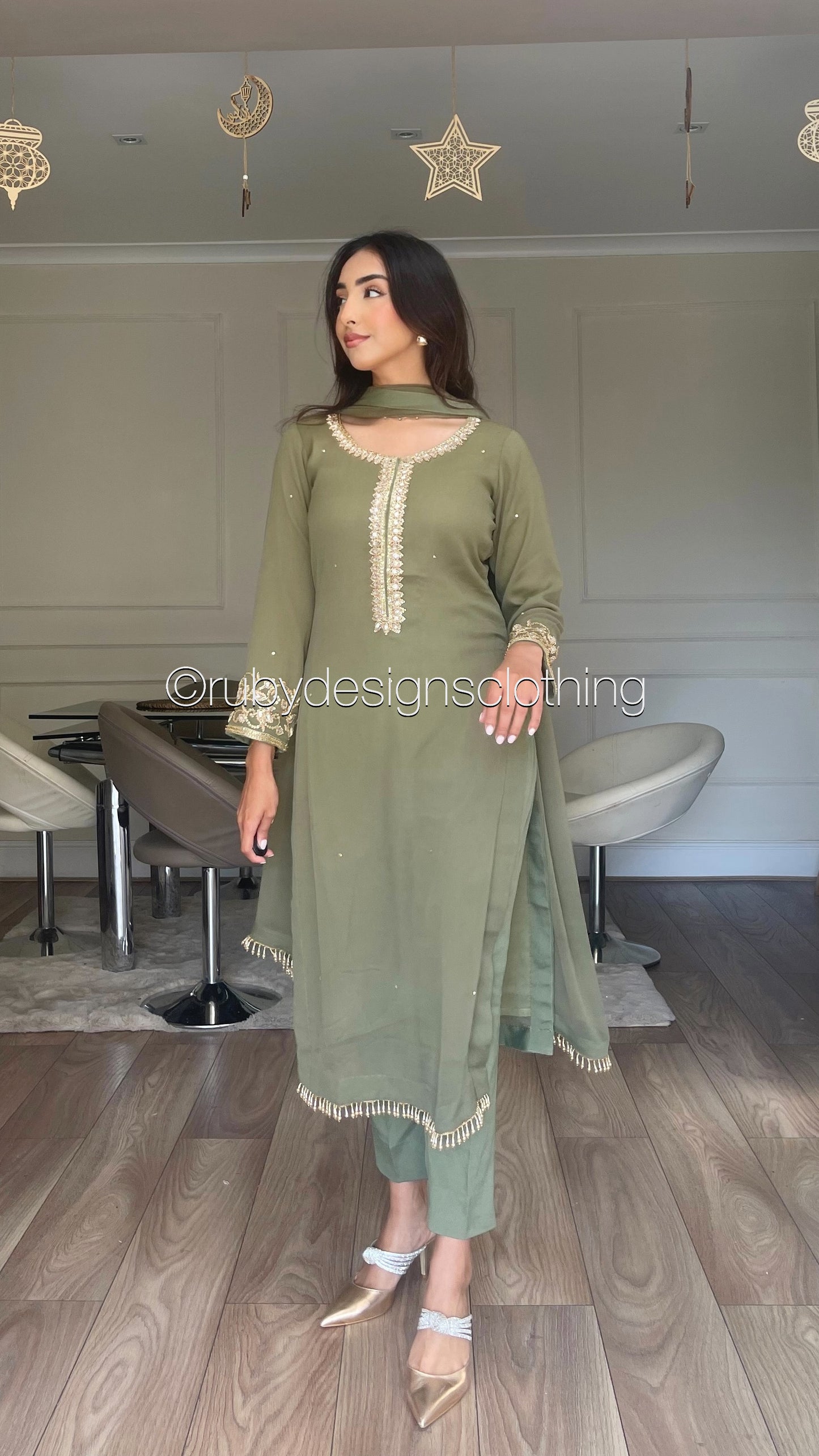 SOFIA Olive - 3 Piece Olive Chiffon Suit with Gold Handwork