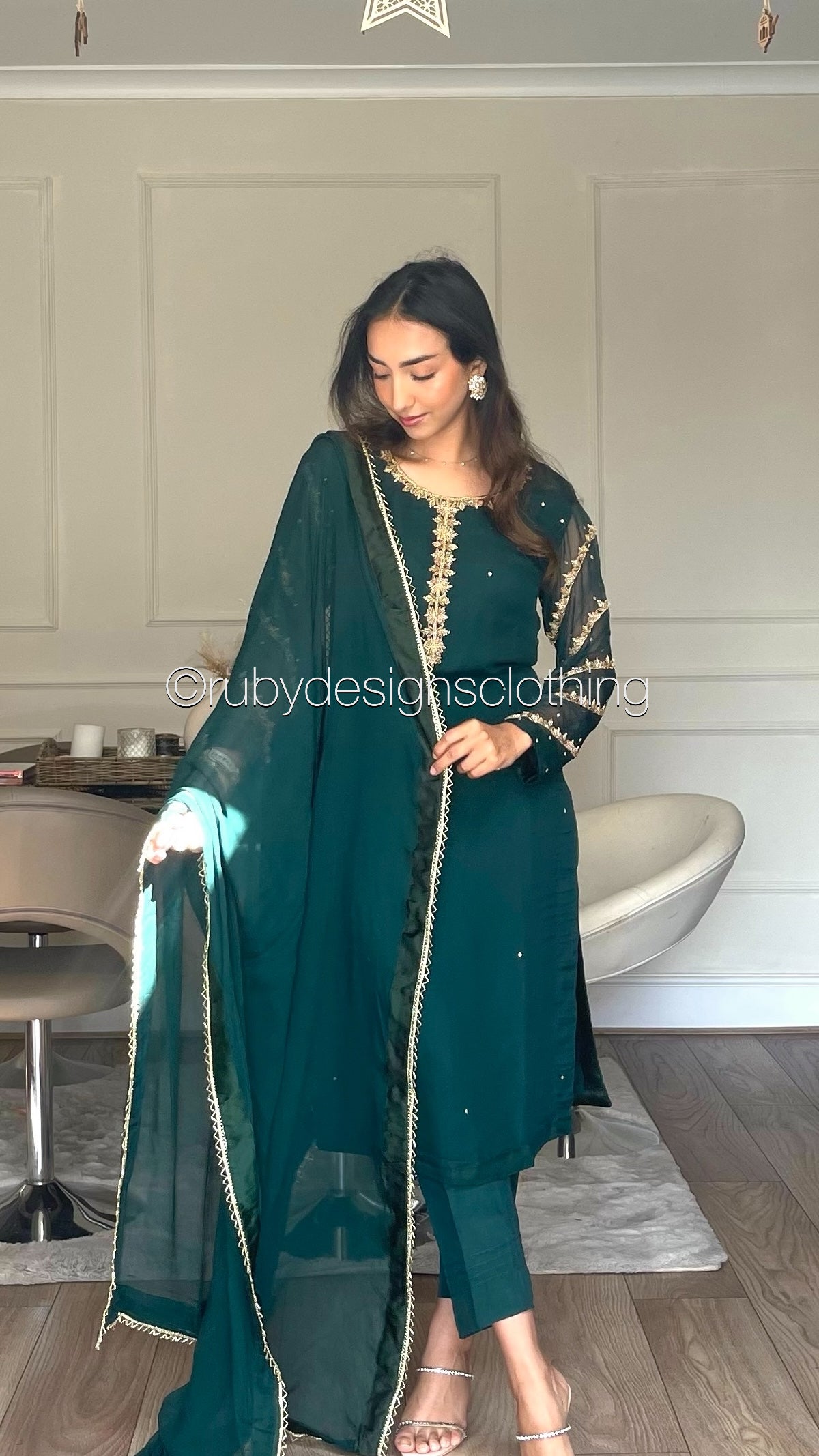 IRHA Emerald - 3 Piece Chiffon Suit with Gold Handwork (8068331077845)