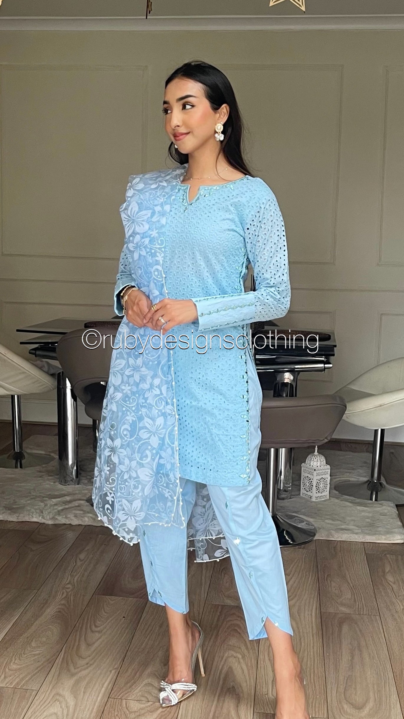 AZRA Blue - 3 Piece Blue Chikankari Suit with Floral Print Organza Dupatta (8066417393877) (8747713331413)