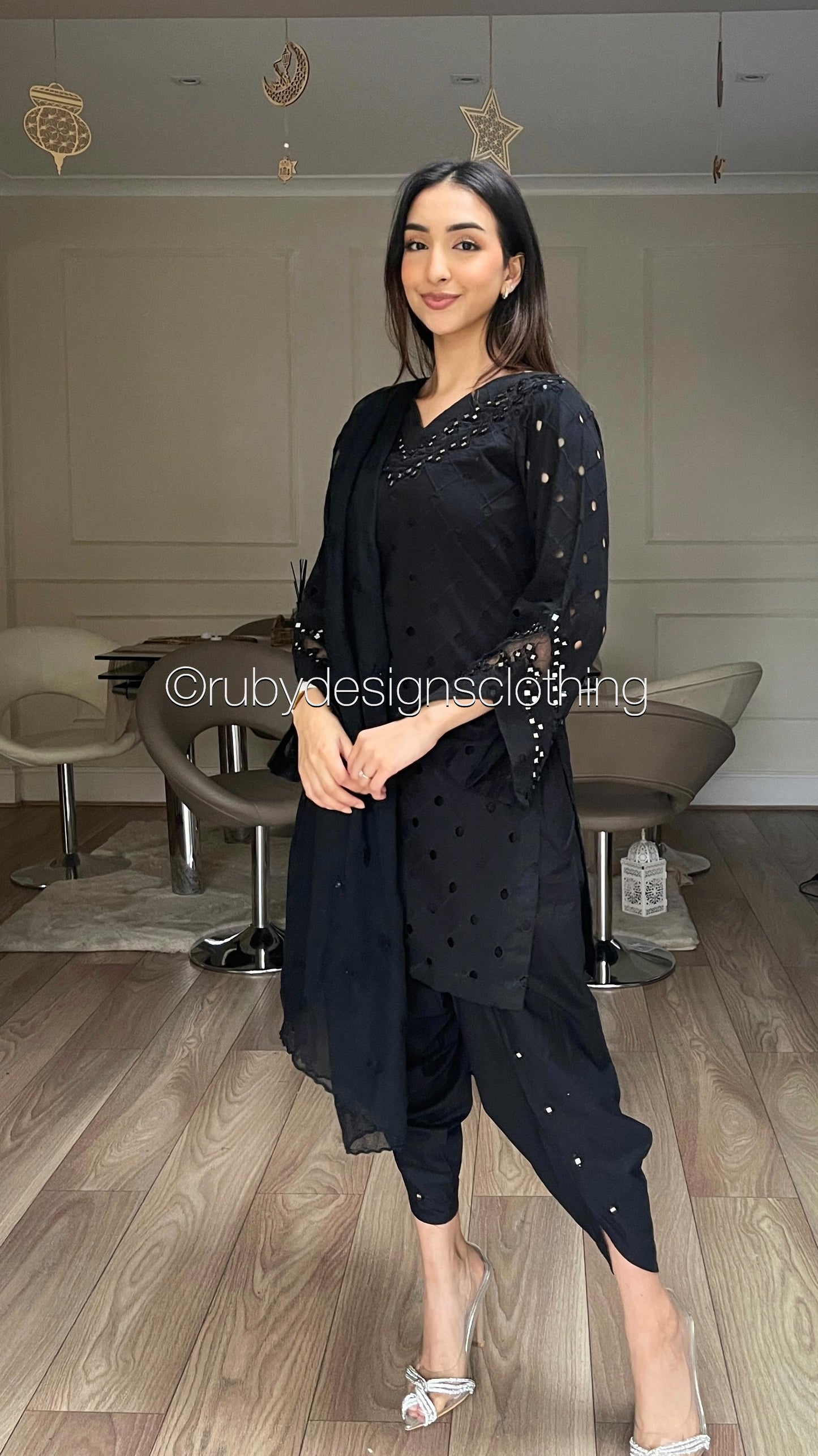 LEENA Black - 3 Piece Chikankari Suit with Tulip Shalwar (8066416312533)