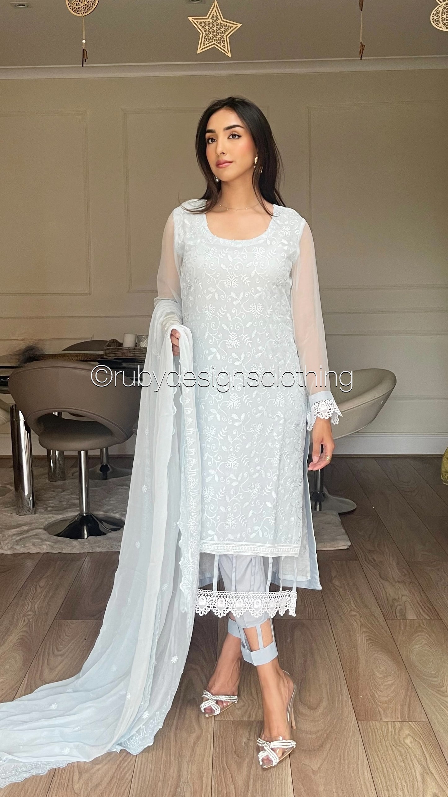 MEHER Blue - 3 Piece Embroidered Chiffon Suit with Cut Out Details (8060597436629) (8747701764309)