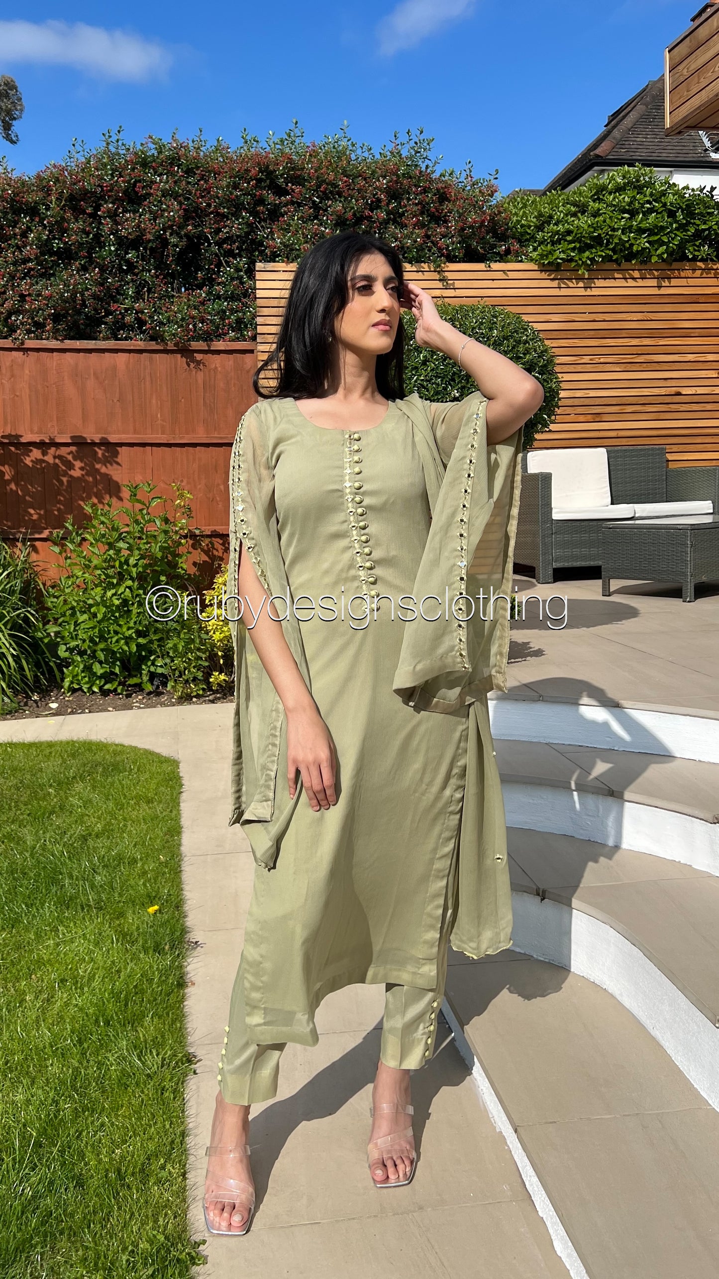 KAYRA Sage - 3 Piece Sage Chiffon Suit with Split Sleeve