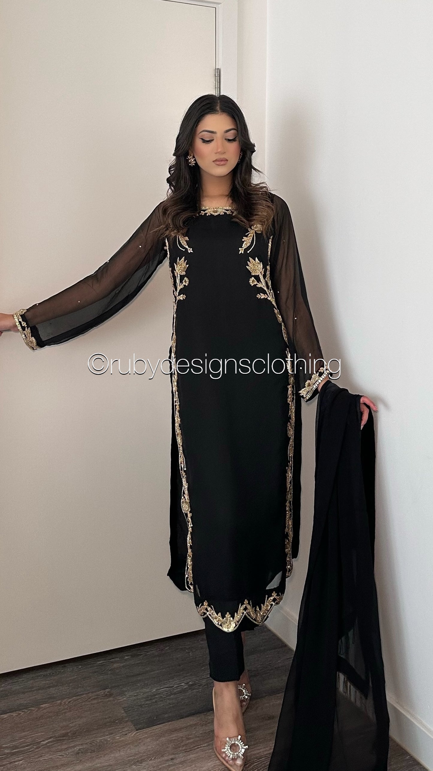 LIMITED EDITION SAMARA Black - 3 Piece Chiffon Suit with Gold Hand Embellishment (8077673693397)