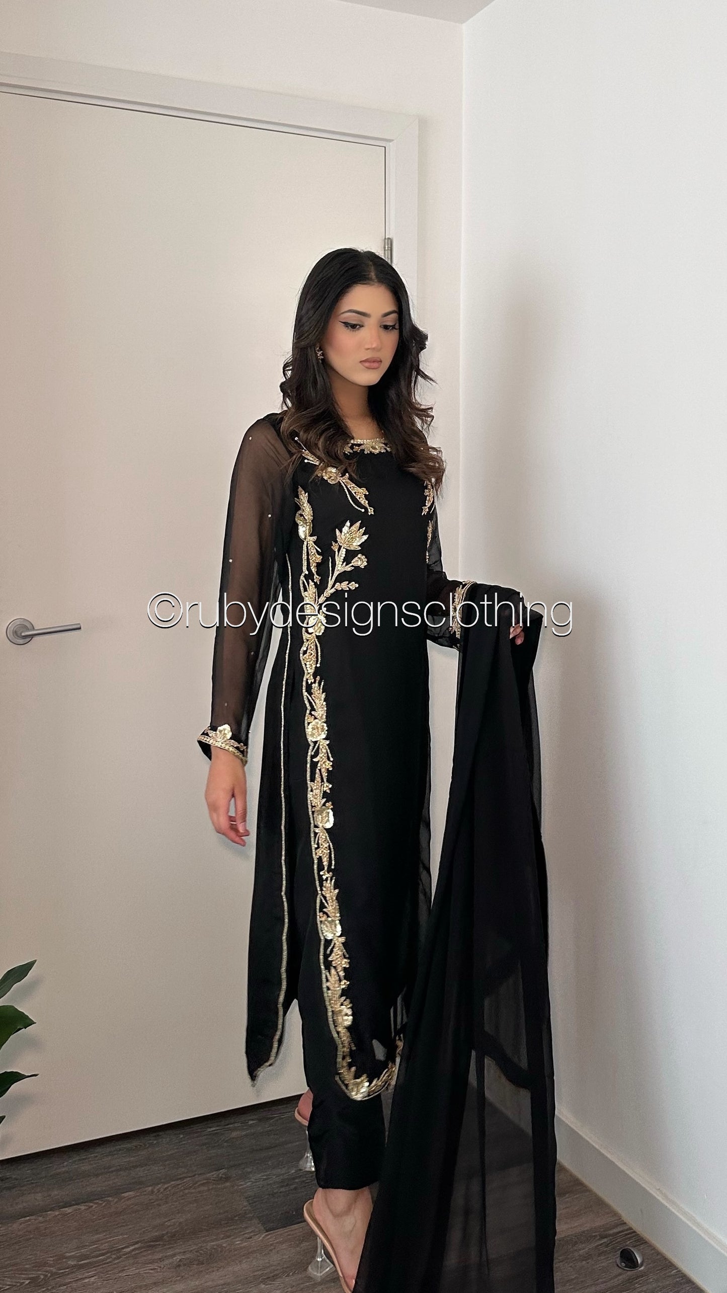 LIMITED EDITION SAMARA Black - 3 Piece Chiffon Suit with Gold Hand Embellishment (8077673693397)