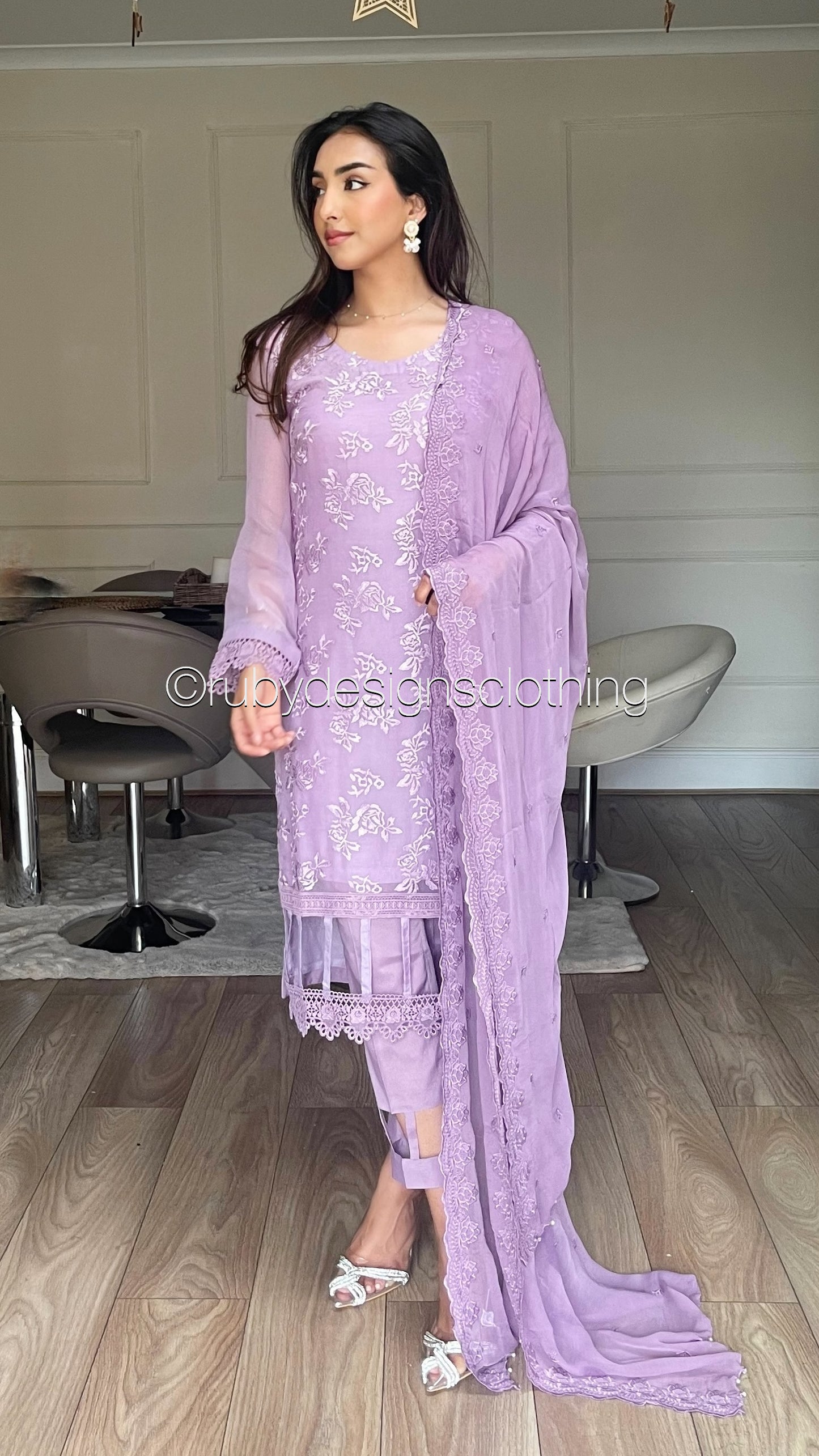 MEHER Lilac - 3 Piece Embroidered Chiffon Suit with Cut Out Details (8060594225365) (8747703861461)