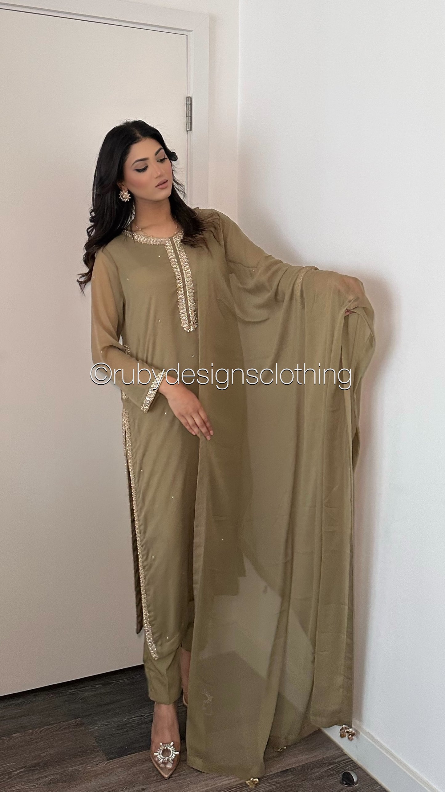 SARA Olive - 3 Piece Chiffon Suit with Pockets and Handwork (8069534089429)