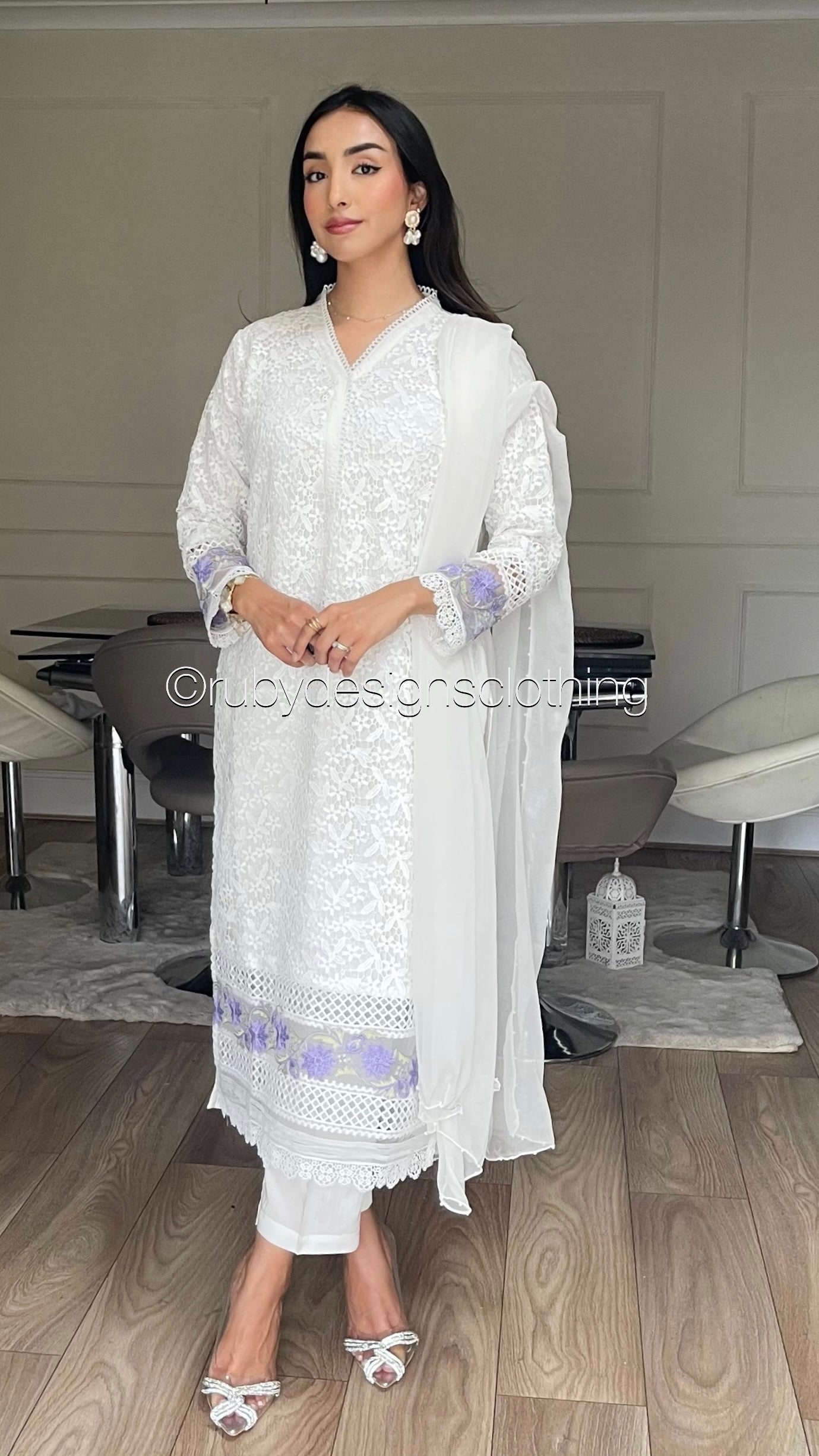 HAFSAH - 3 Piece White Crochet Lace Suit with Chiffon Dupatta (8067502375125)