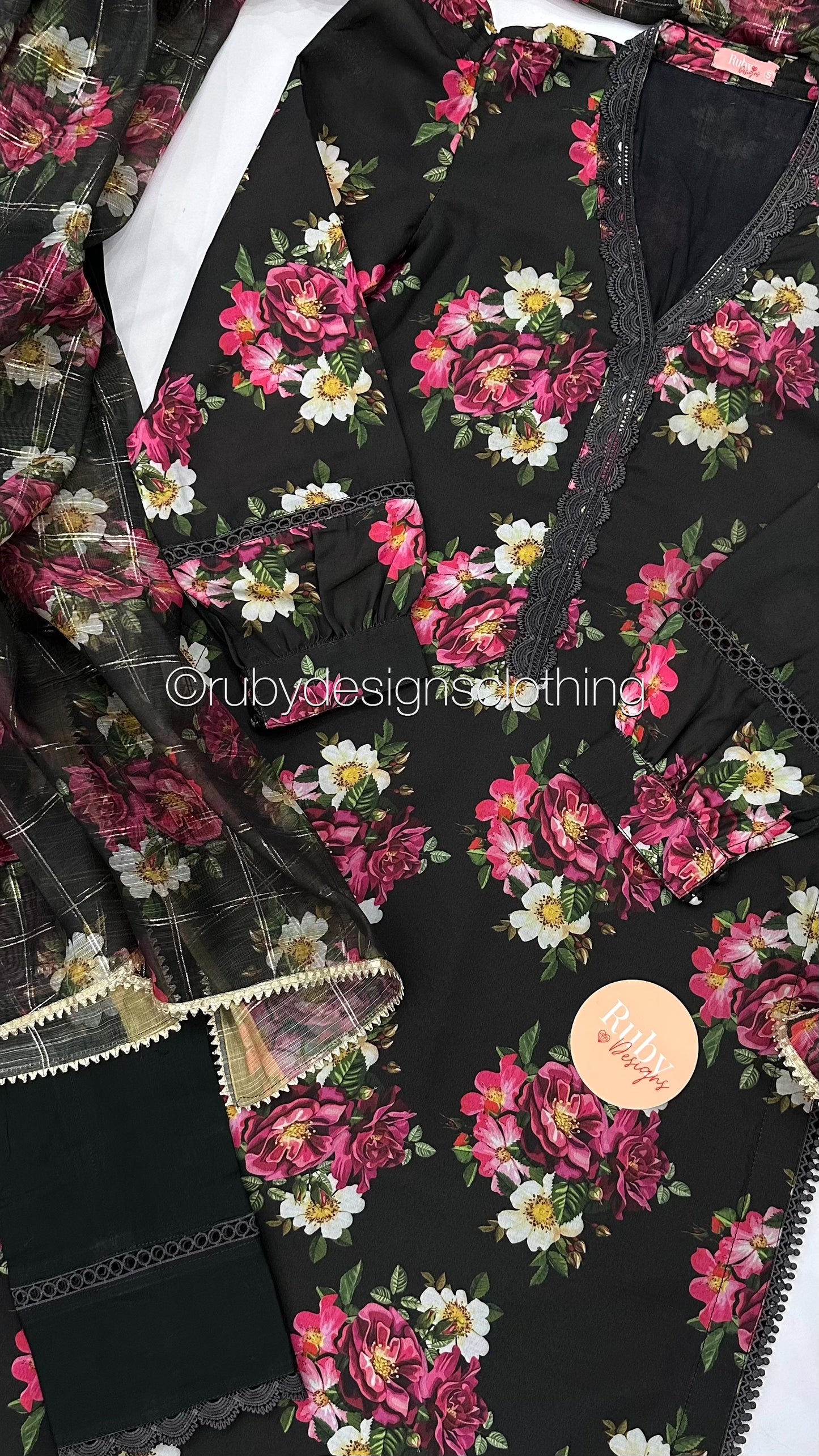 AFSHEEN Black - 3 Piece Black Floral Print Swiss Lawn Suit with Organza Dupatta
