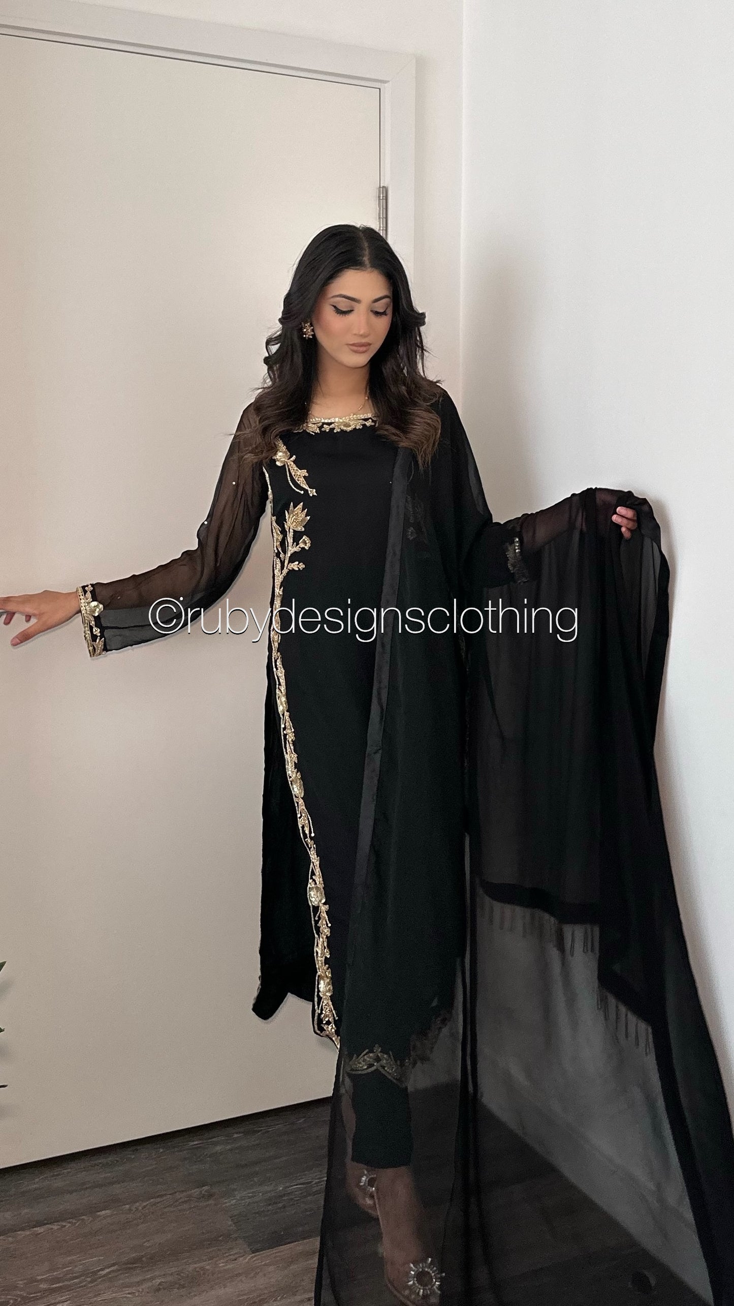 LIMITED EDITION SAMARA Black - 3 Piece Chiffon Suit with Gold Hand Embellishment (8077673693397)