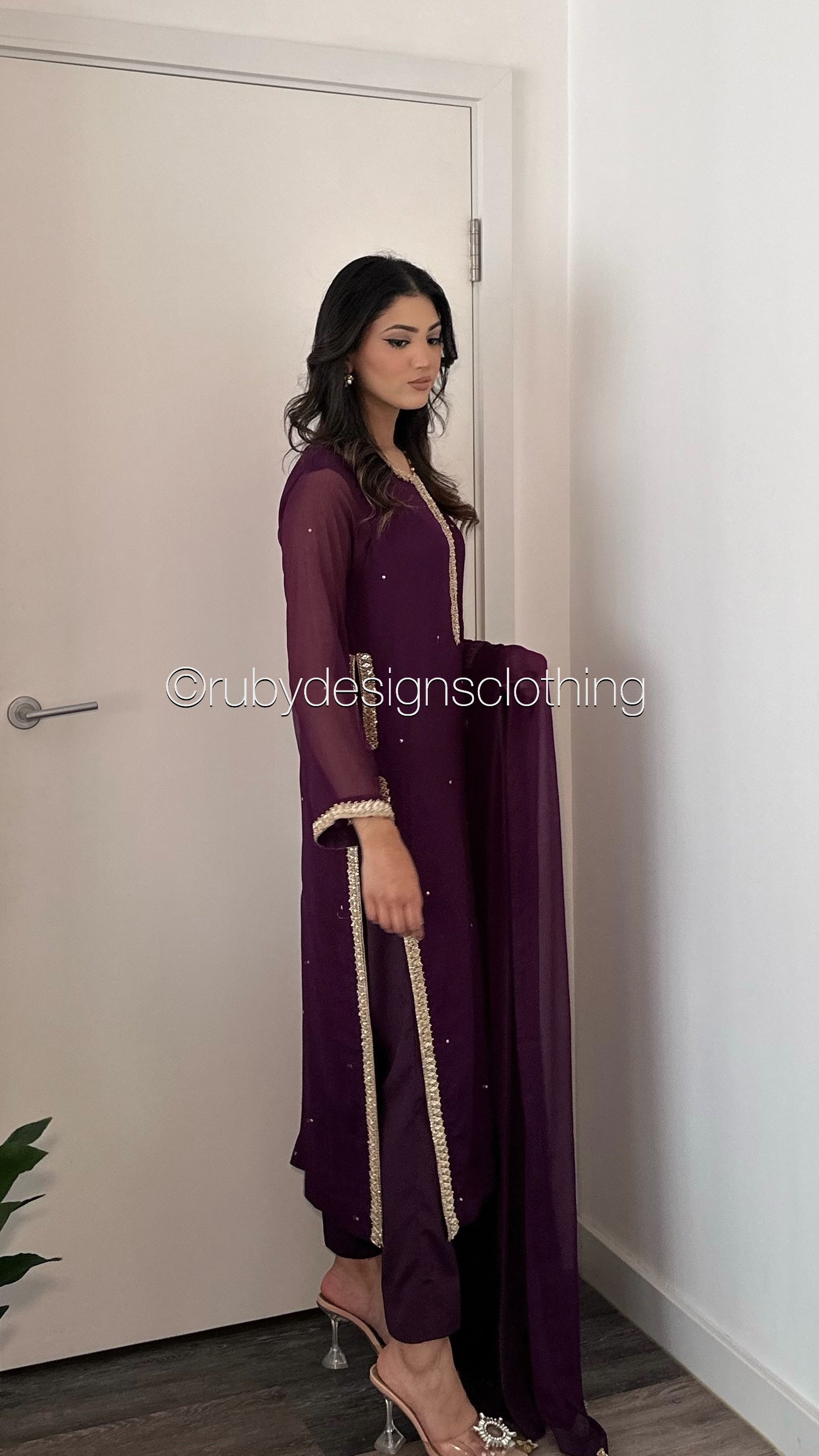 SARA Purple - 3 Piece Chiffon Suit with Pockets and Handwork