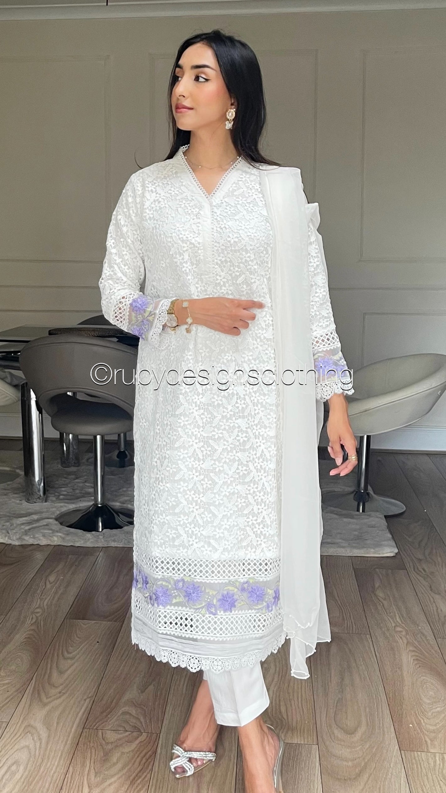 HAFSAH - 3 Piece White Crochet Lace Suit with Chiffon Dupatta (8067502375125)