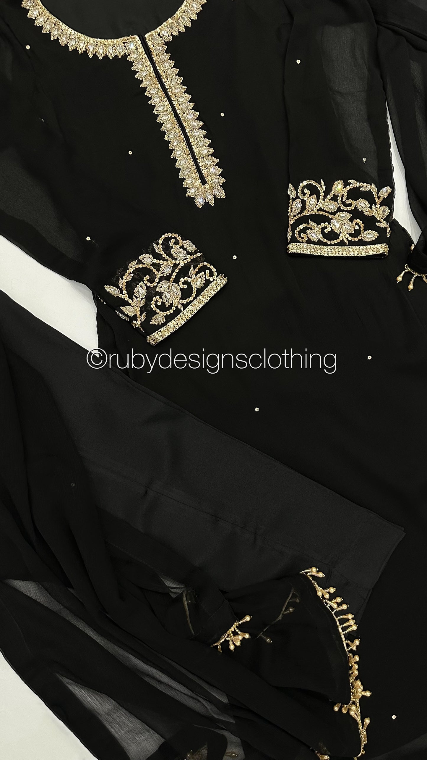 SOFIA Black - 3 Piece Black Chiffon Suit with Gold Handwork