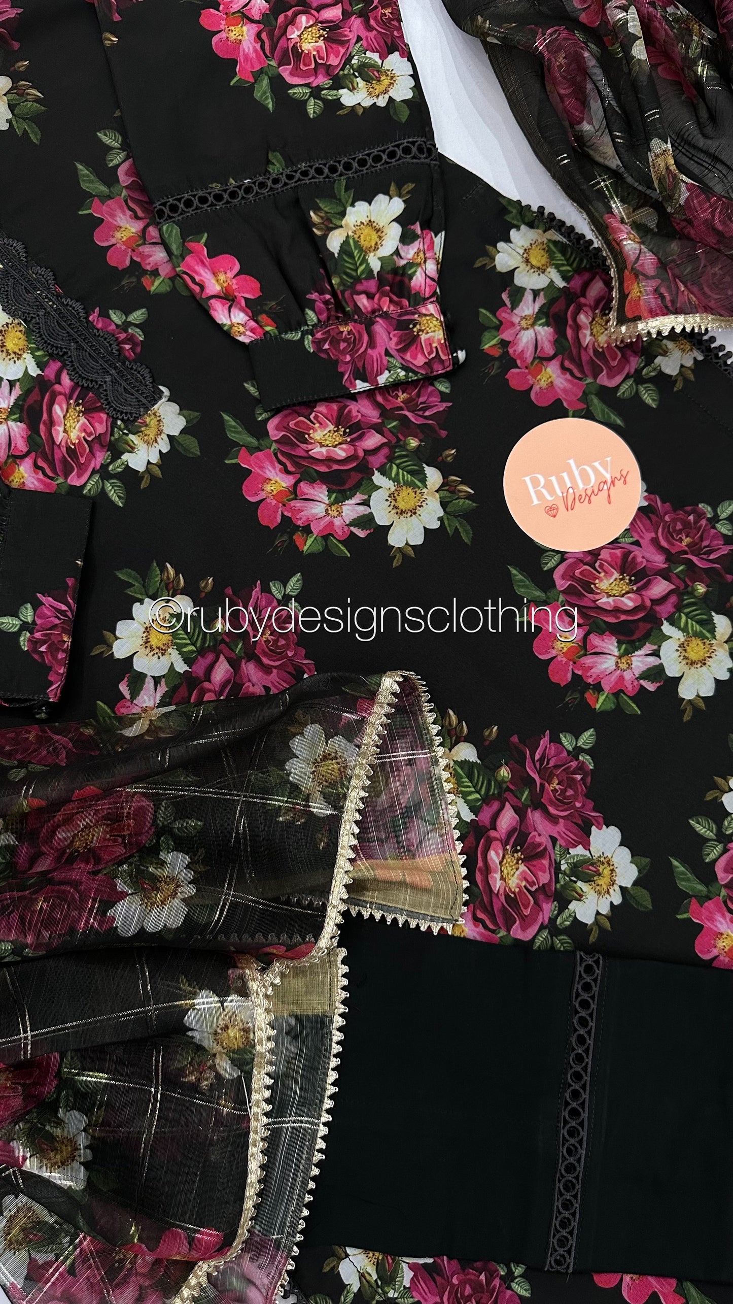 AFSHEEN Black - 3 Piece Black Floral Print Swiss Lawn Suit with Organza Dupatta (8034682962133)