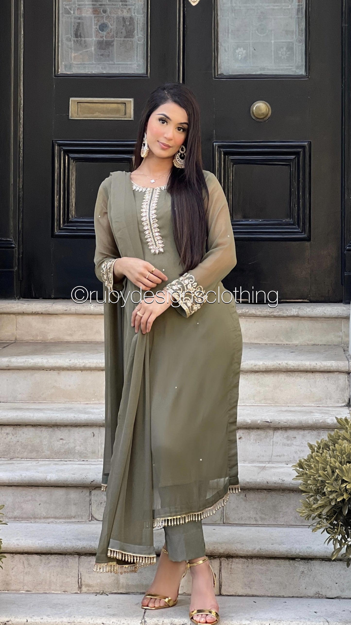 SOFIA Olive - 3 Piece Olive Chiffon Suit with Gold Handwork