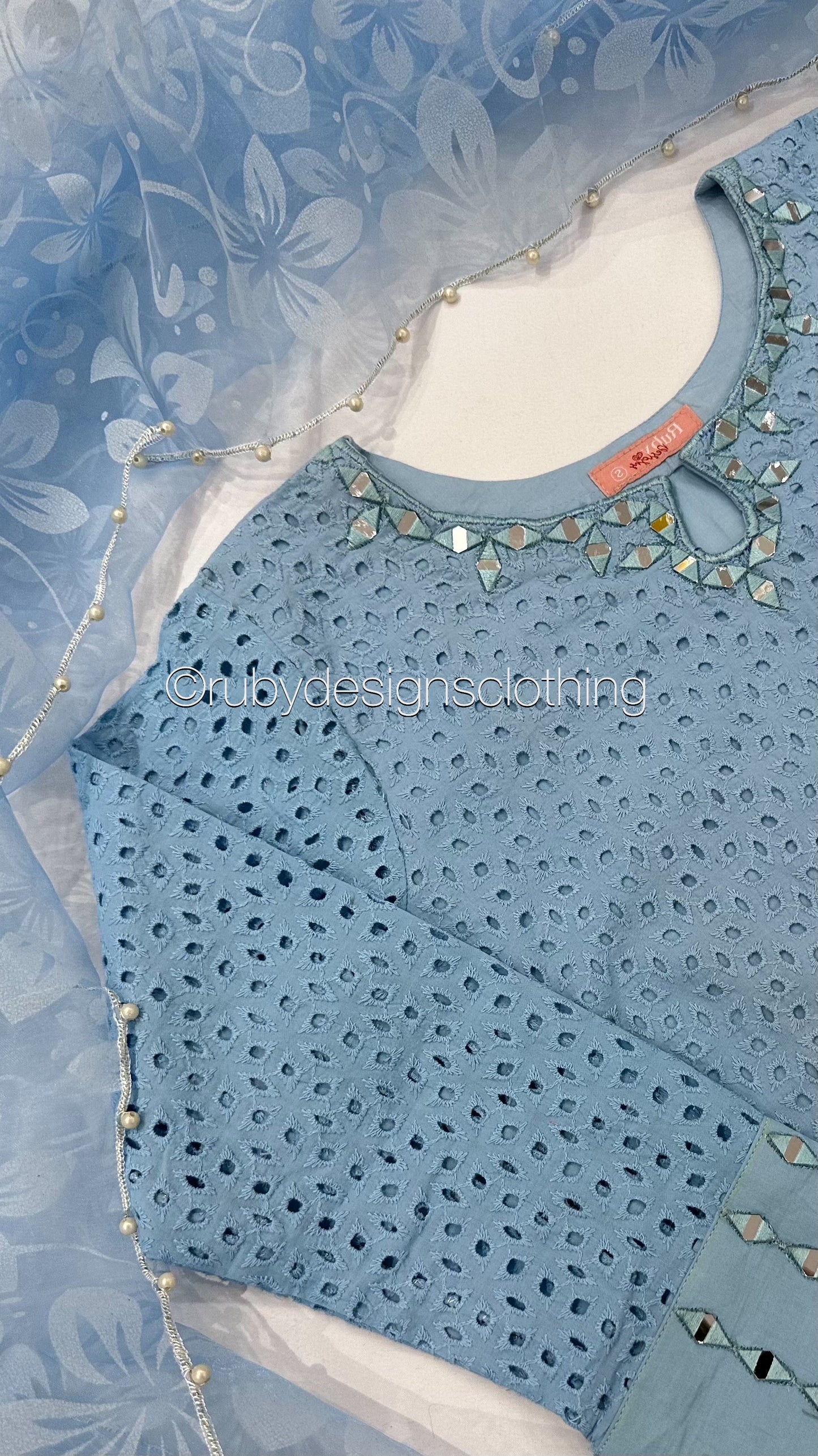 AZRA Blue - 3 Piece Blue Chikankari Suit with Floral Print Organza Dupatta