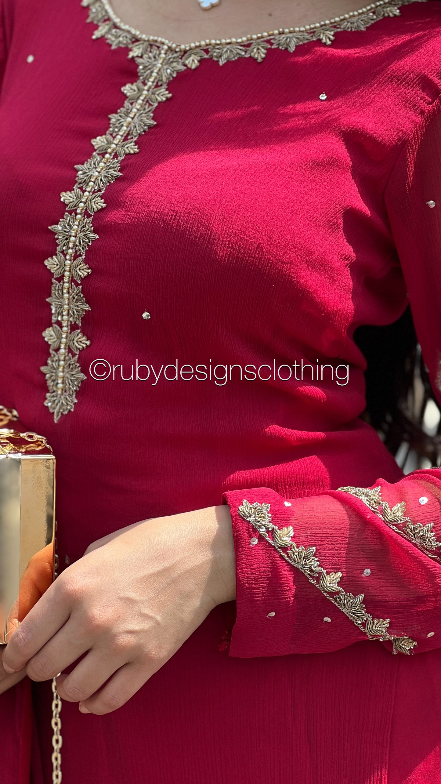 IRHA Red - 3 Piece Chiffon Suit with Gold Handwork (8068330946773)
