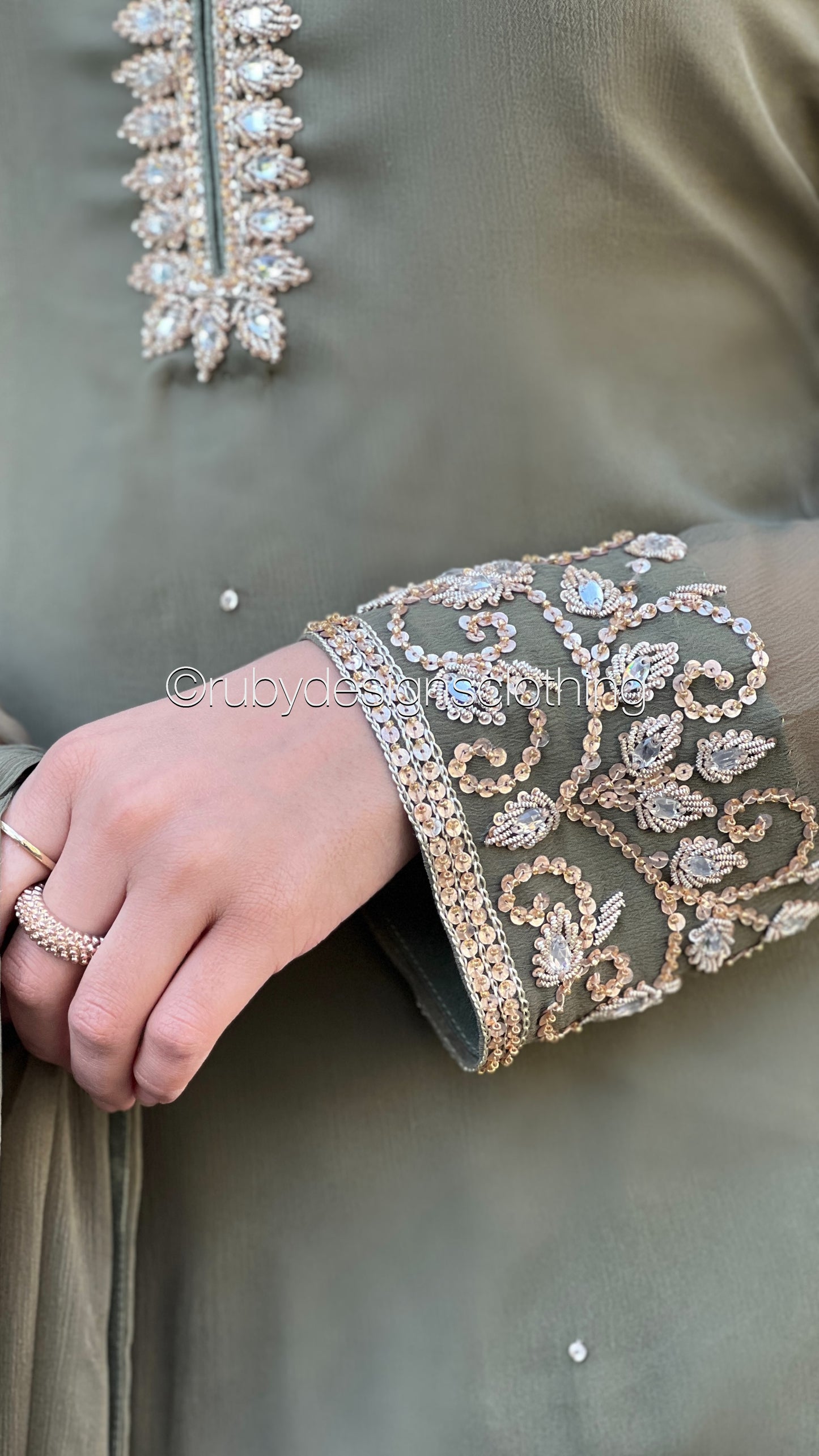 SOFIA Olive - 3 Piece Olive Chiffon Suit with Gold Handwork (8053043888341)