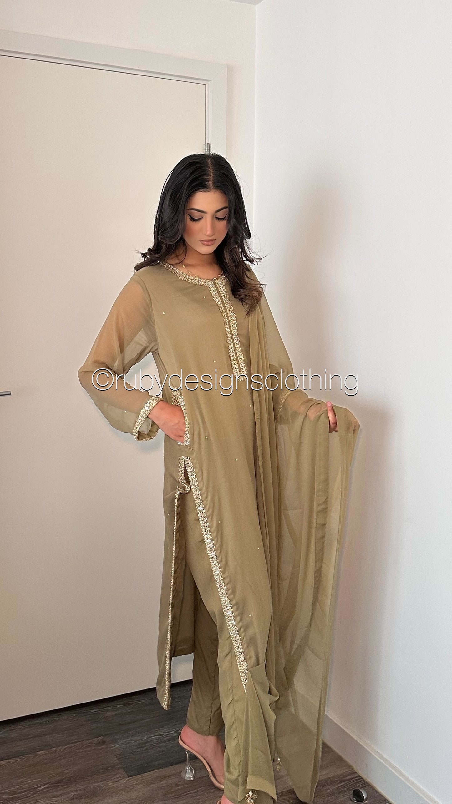 SARA Olive - 3 Piece Chiffon Suit with Pockets and Handwork (8069534089429)