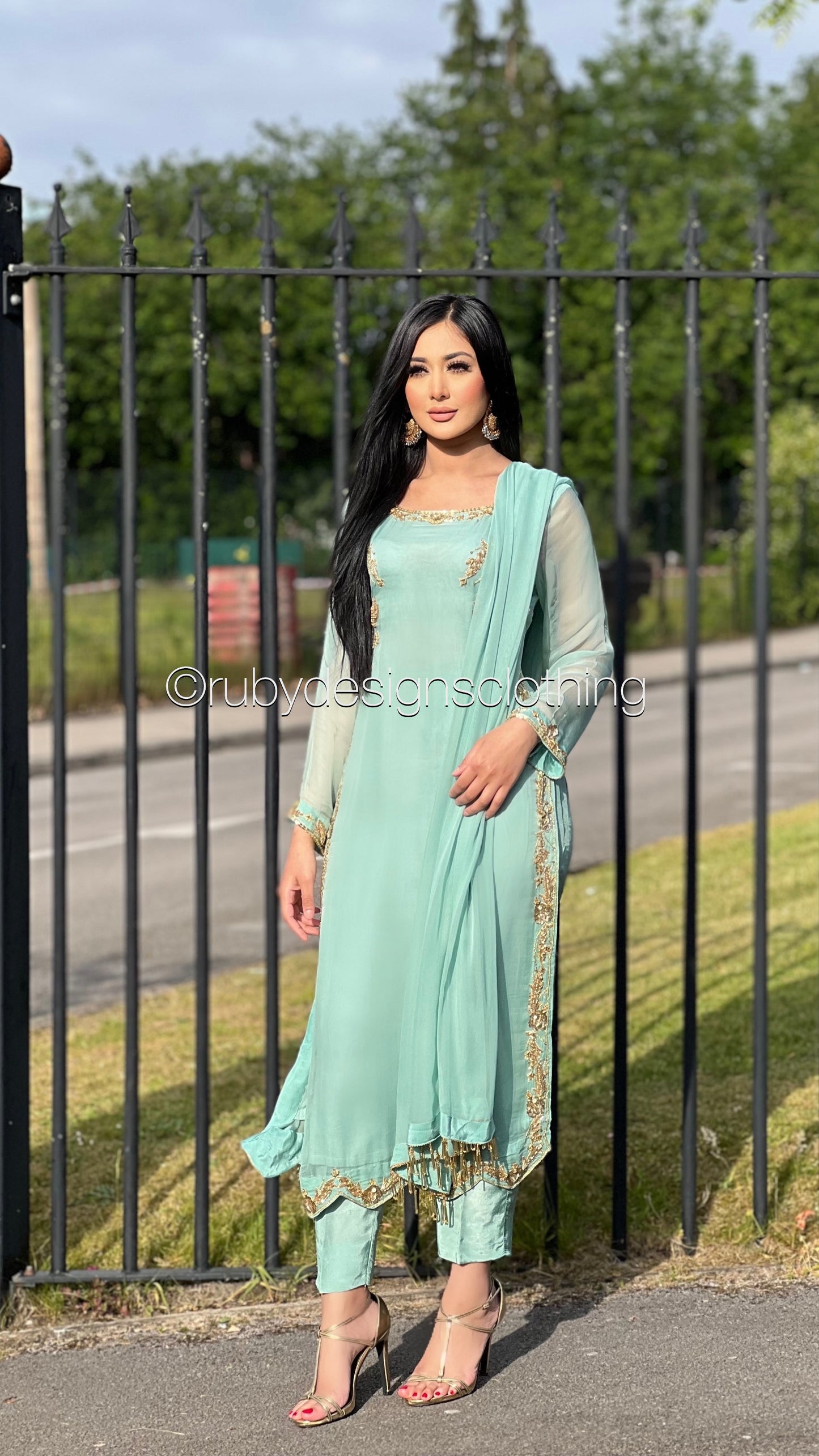 LIMITED EDITION SAMARA Mint - 3 Piece Chiffon Suit with Gold Hand Embellishment (8077672186069)