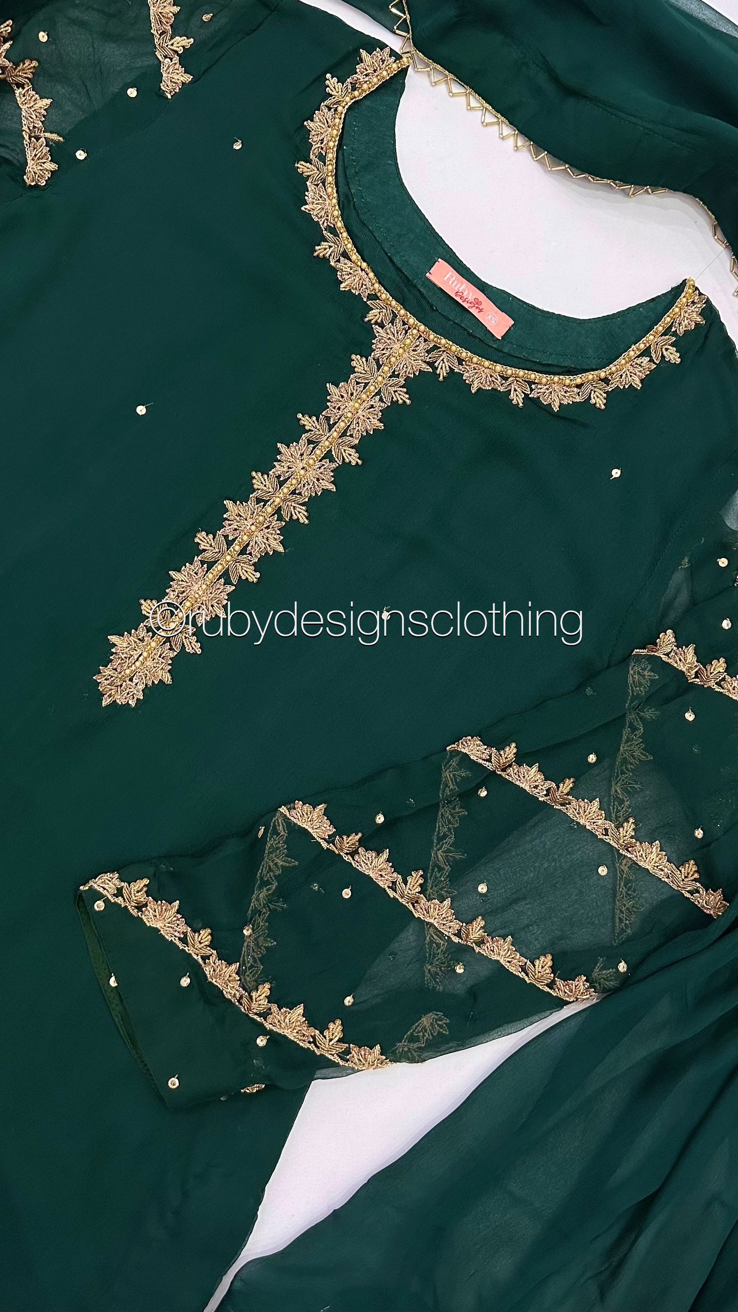 IRHA Emerald - 3 Piece Chiffon Suit with Gold Handwork