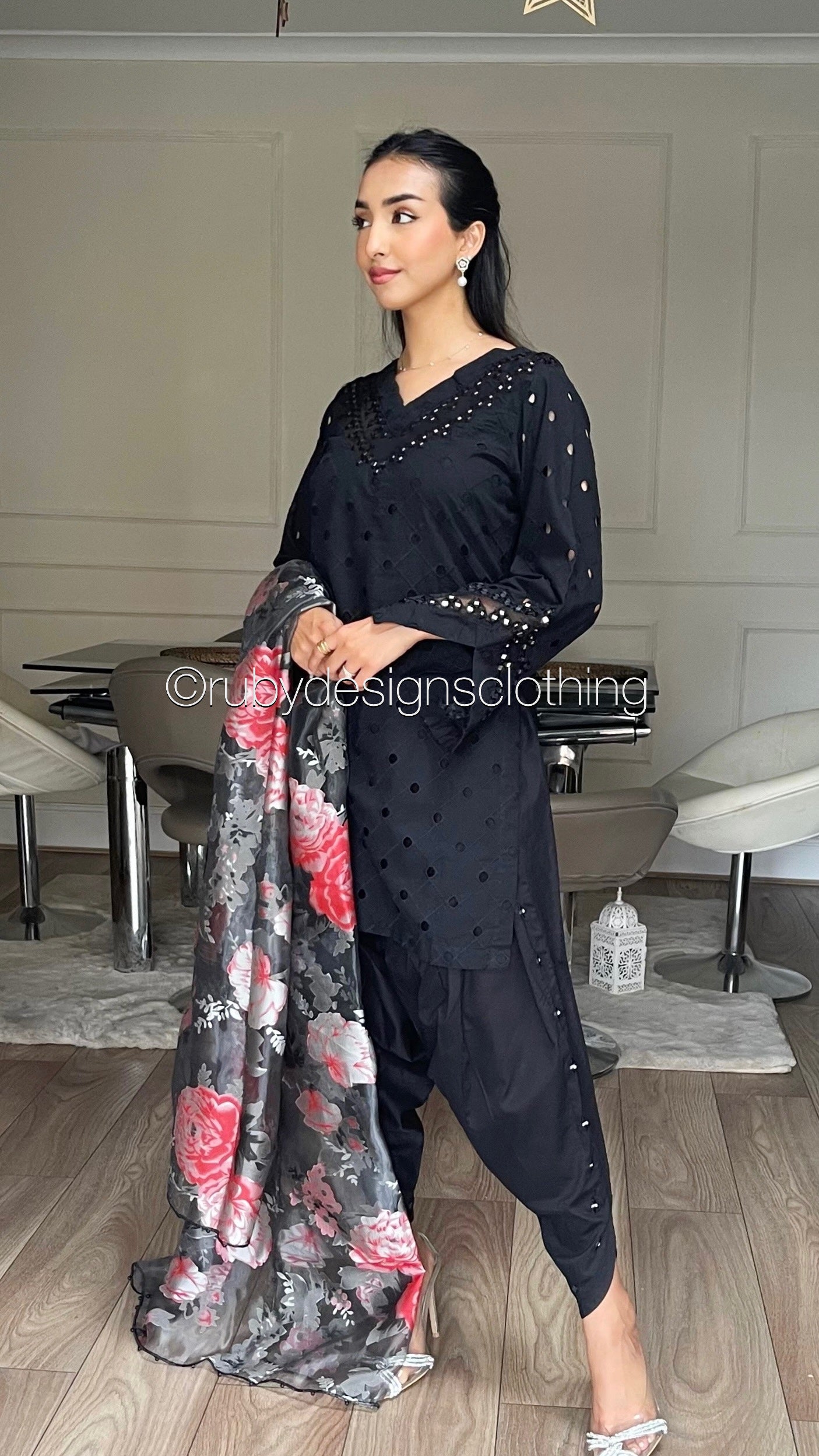LEENA Black - 3 Piece Chikankari Suit with Tulip Shalwar