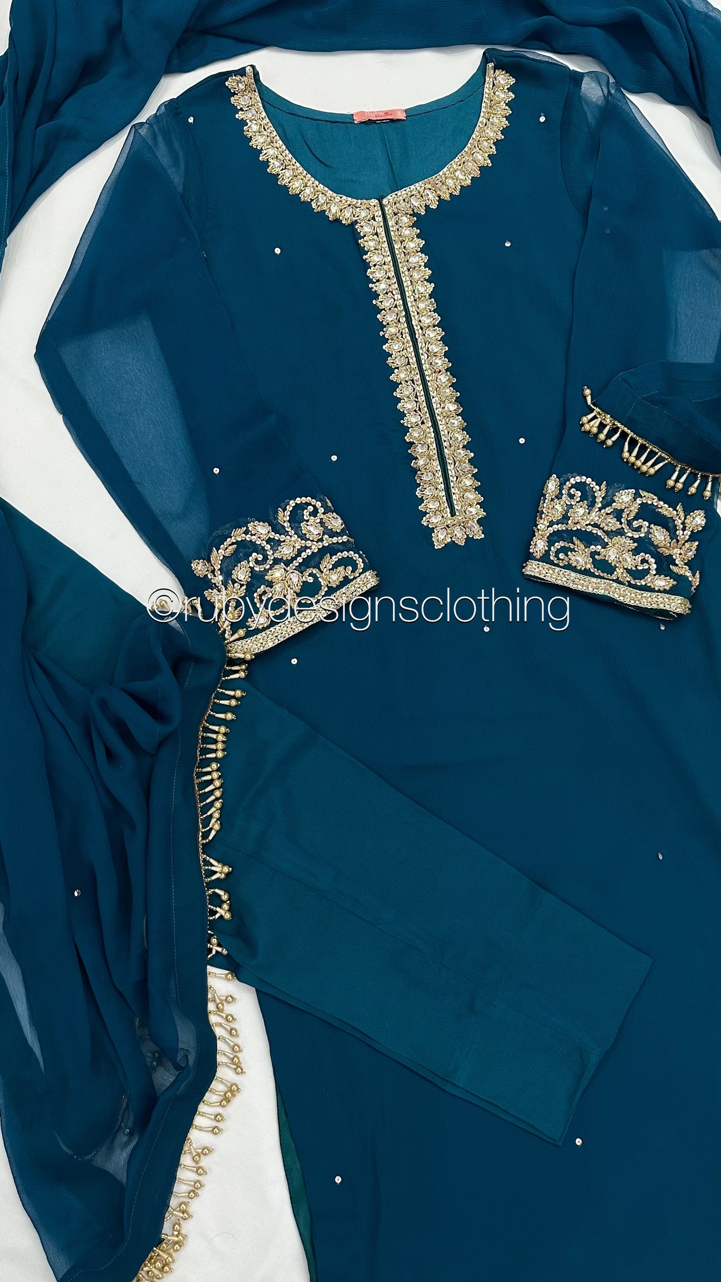 SOFIA Teal - 3 Piece Teal Chiffon Suit with Gold Handwork (8053043495125)