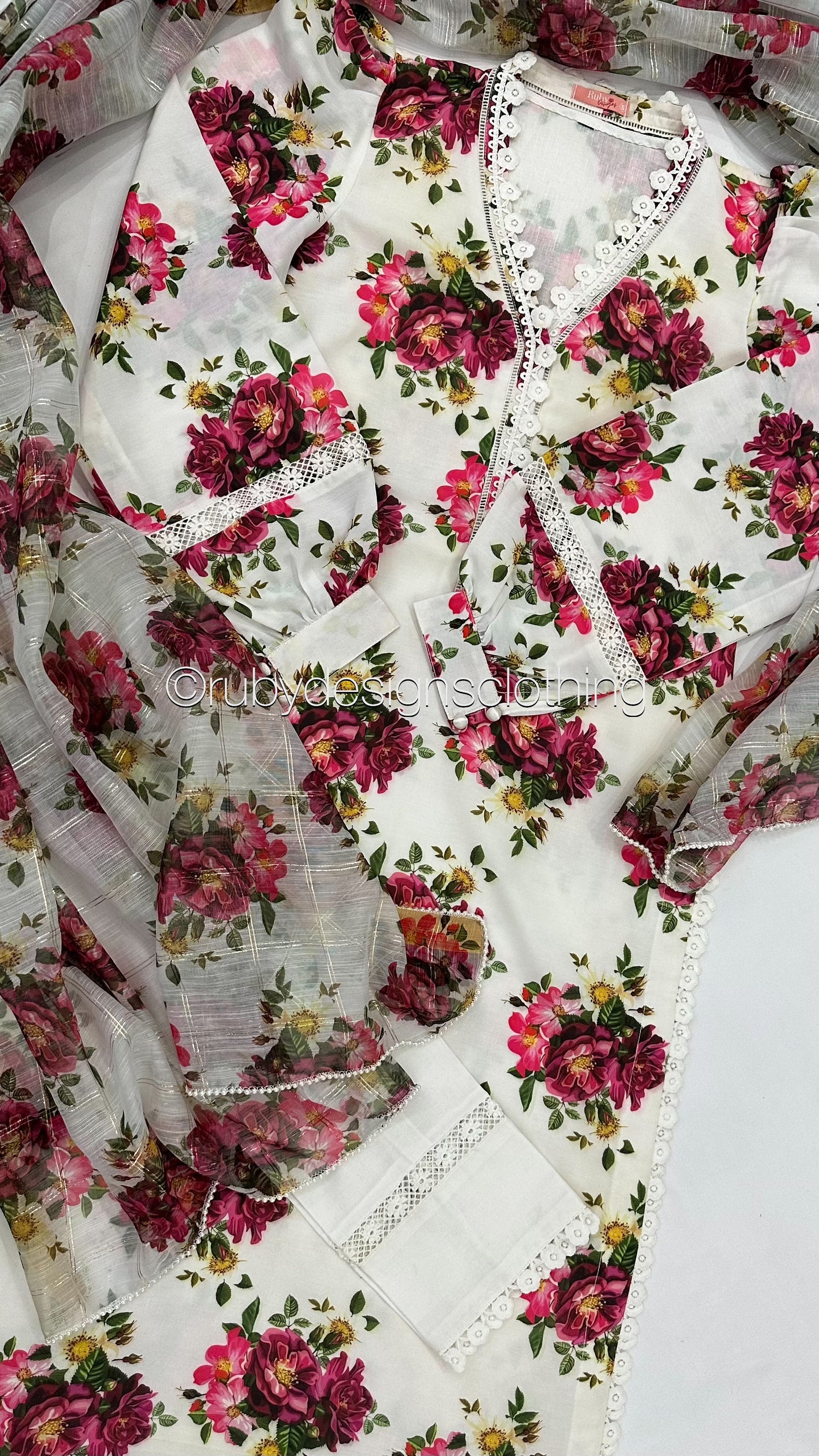 AFSHEEN White - 3 Piece White Floral Print Swiss Lawn Suit with Organza Dupatta (8034682896597)