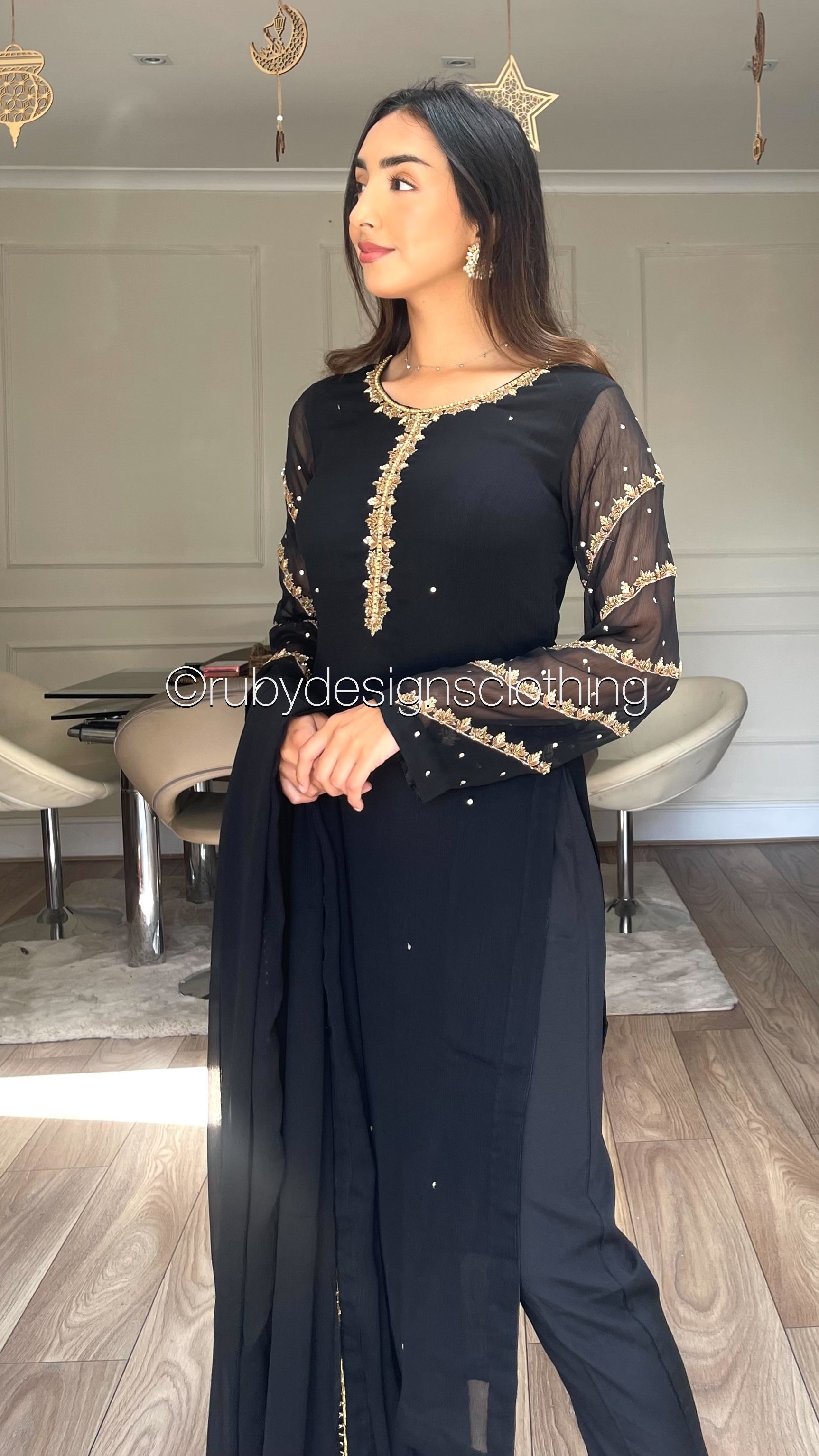 IRHA Black - 3 Piece Chiffon Suit with Gold Handwork (8068330979541)