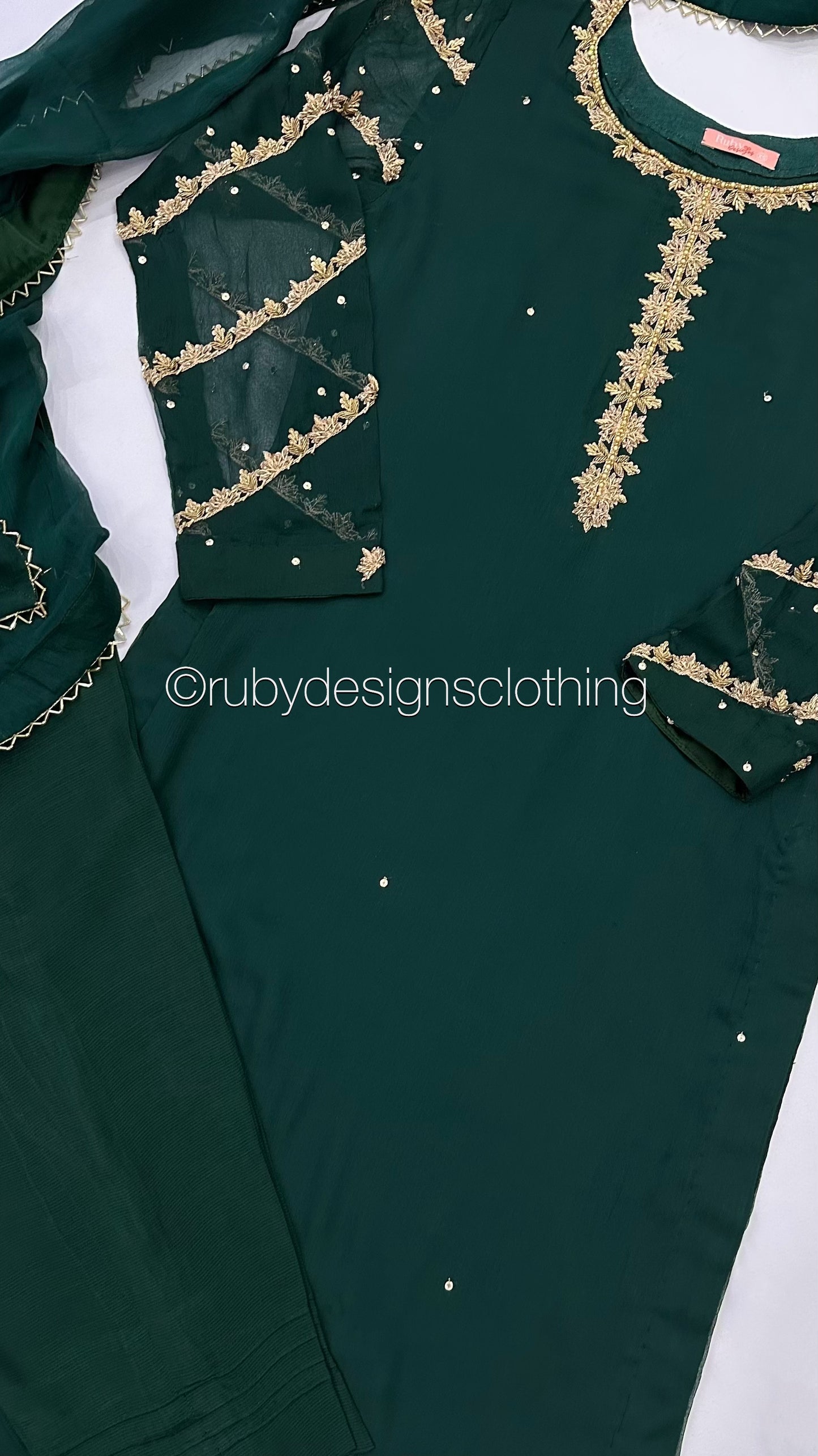 IRHA Emerald - 3 Piece Chiffon Suit with Gold Handwork