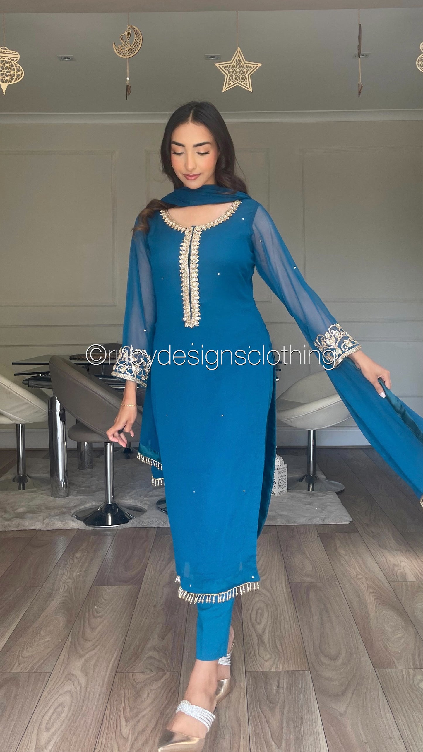SOFIA Teal - 3 Piece Teal Chiffon Suit with Gold Handwork (8053043495125)