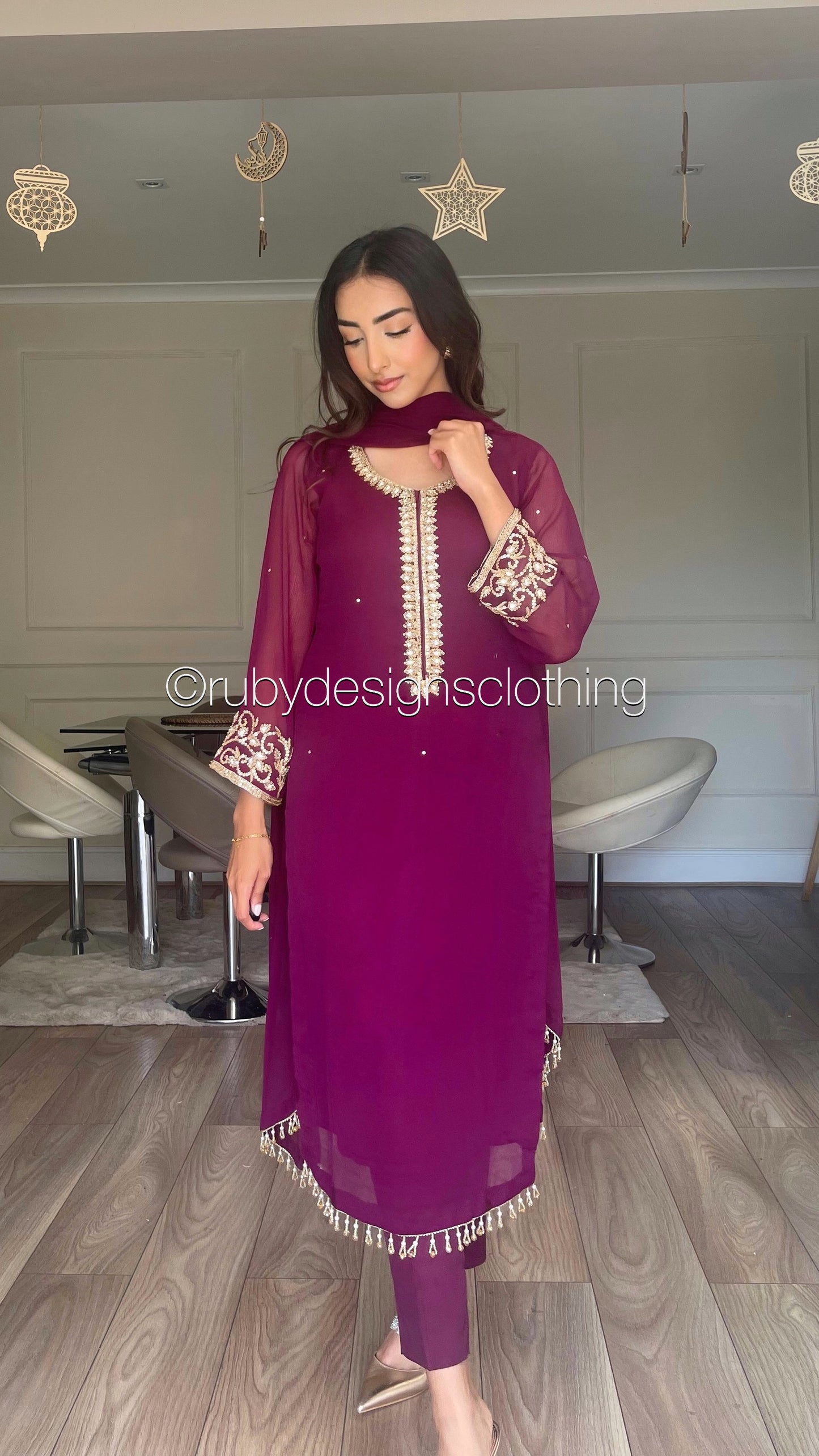 SOFIA Plum - 3 Piece Plum Chiffon Suit with Gold Handwork