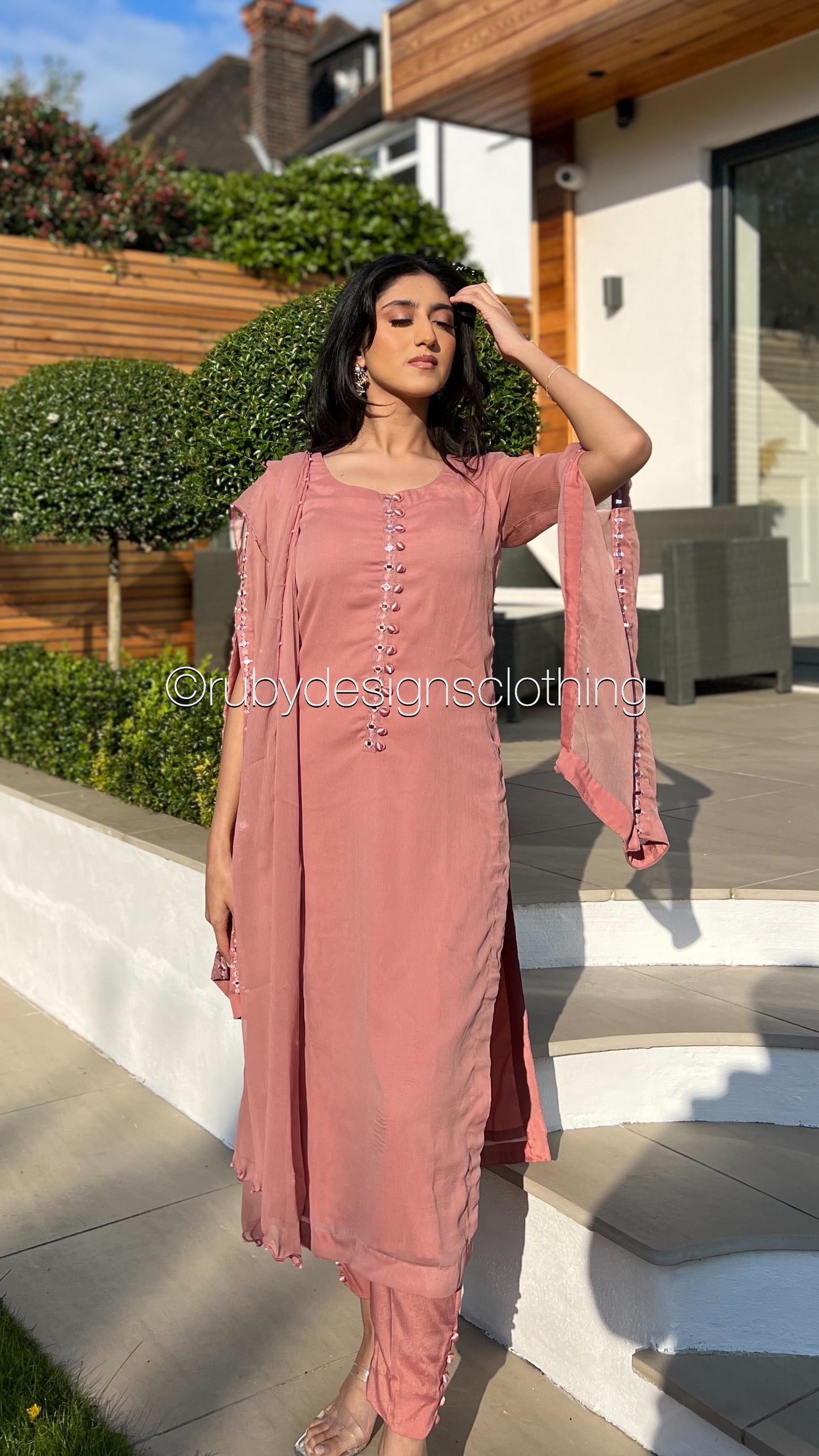 KAYRA Rose - 3 Piece Rose Chiffon Suit with Split Sleeve